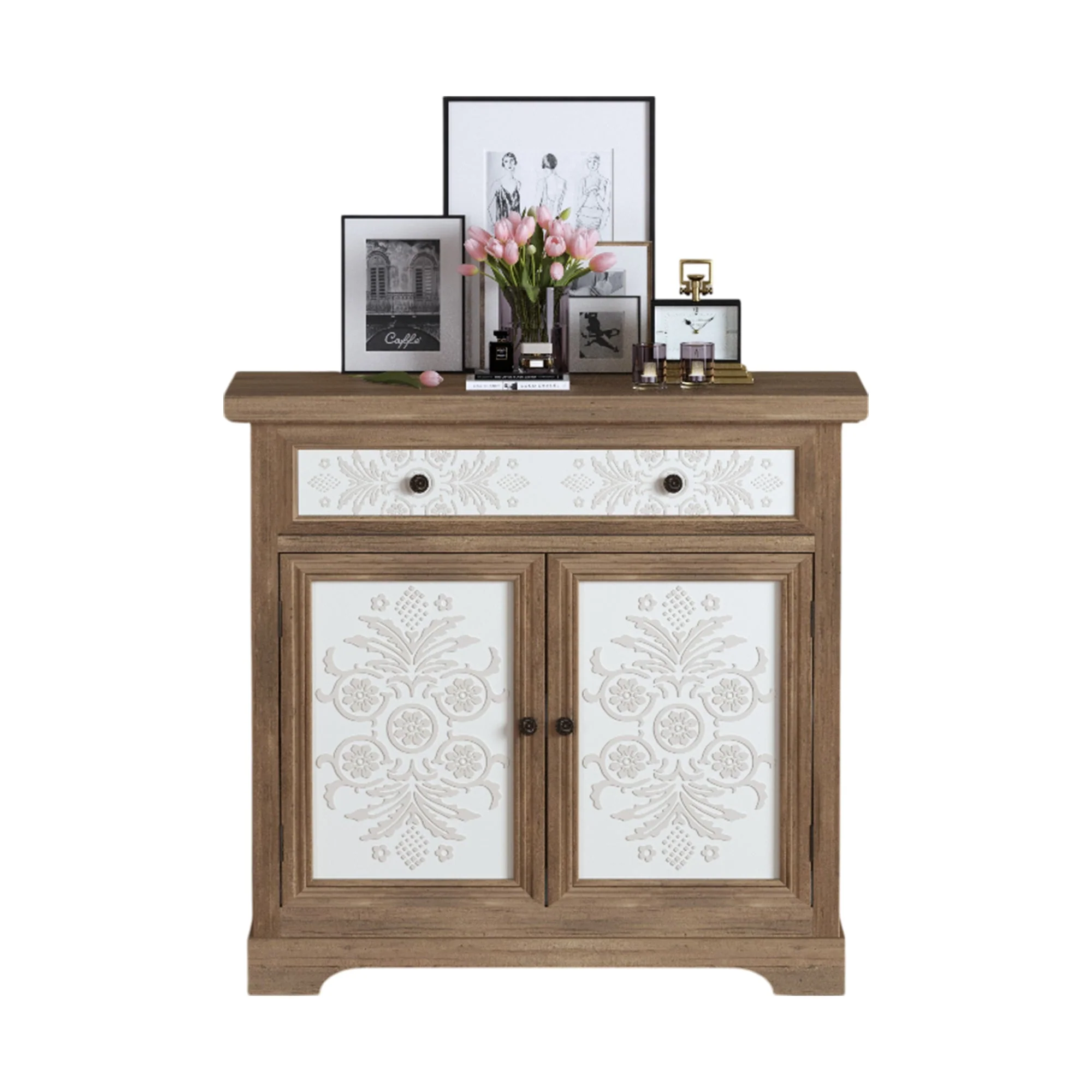 Rustic Vintage Accent Cabinet with Carved Floral Panels - Image 9