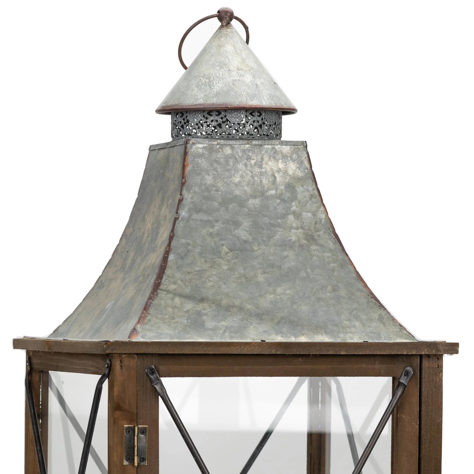 Rustic wood lantern with galvanized metal lid (set of 2) - Image 2