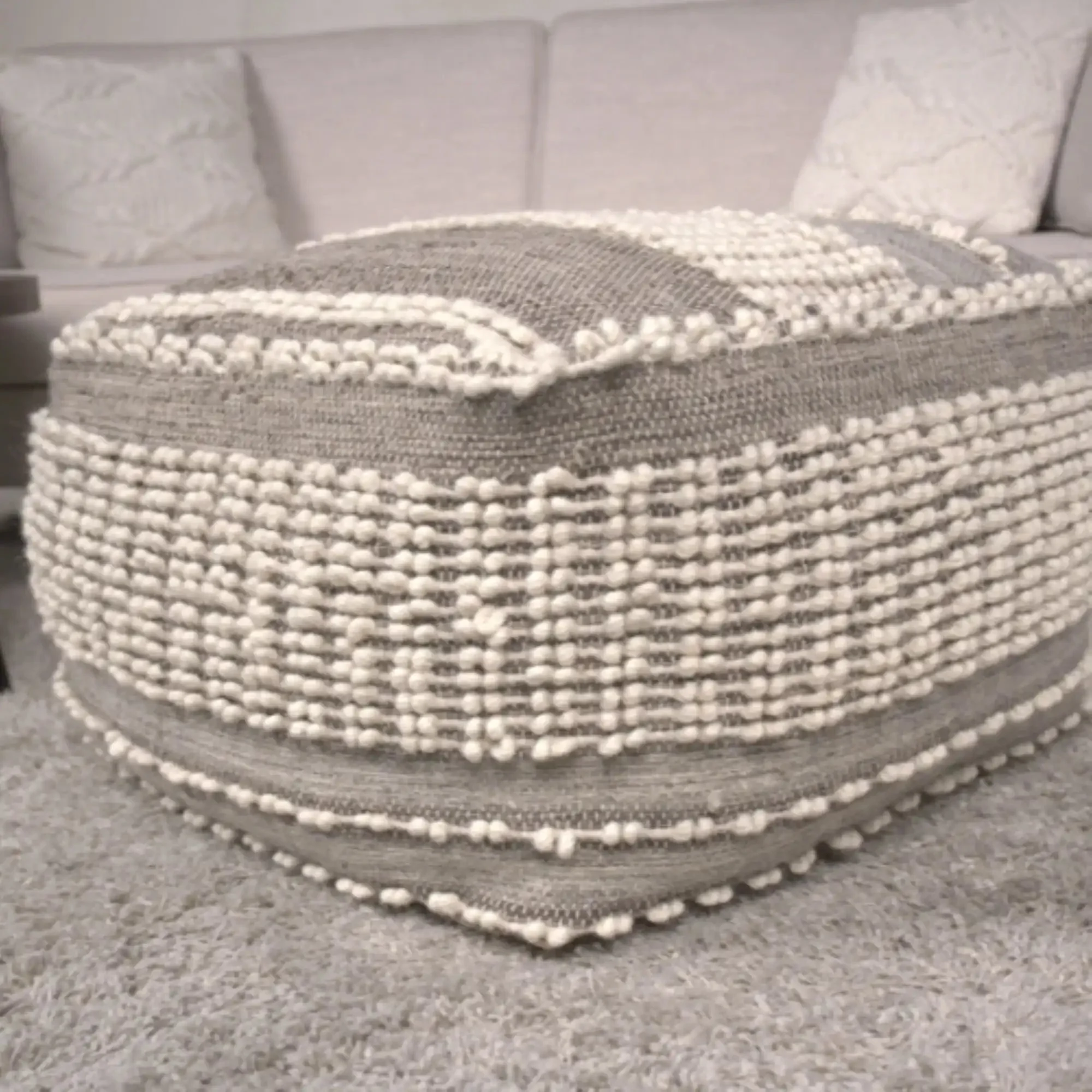 Rustic Wool and Cotton Large Pouf Handcrafted Tufted Design - Brown / Beige - Image 2