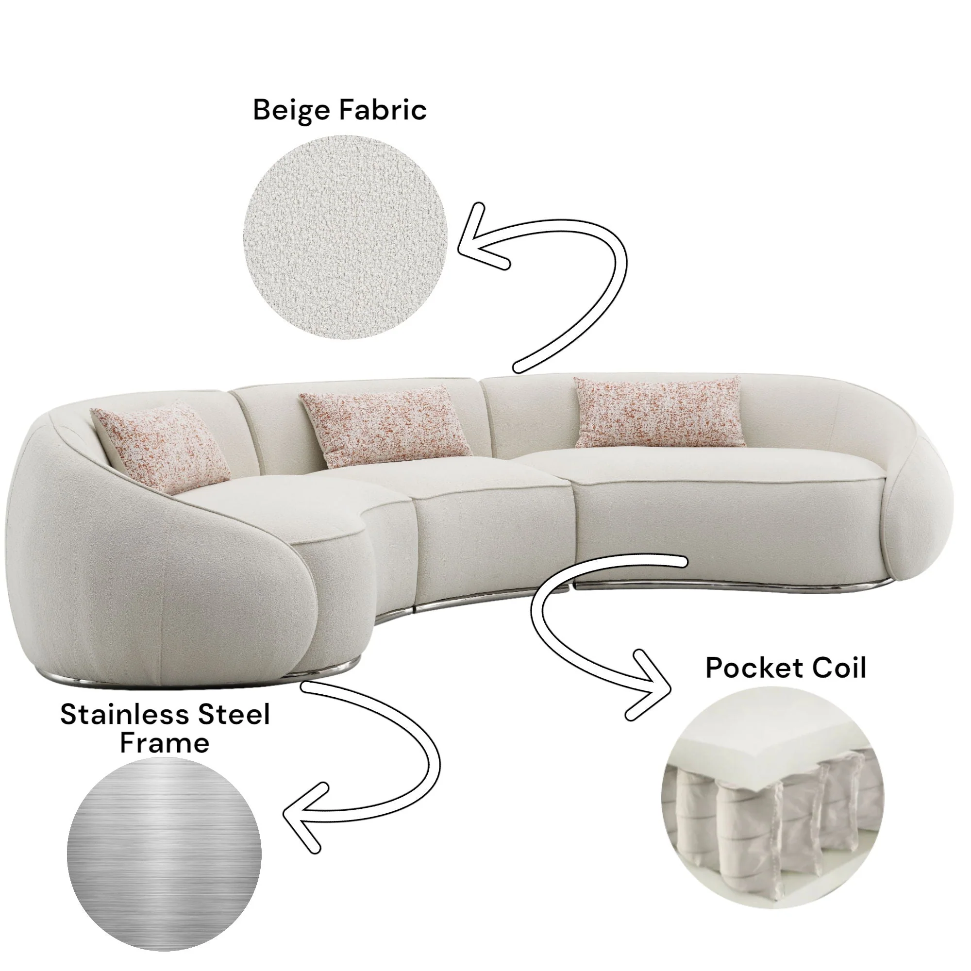 Sahara - Boucle Sectional Sofa With 3 Pillows - Beige - Image 3