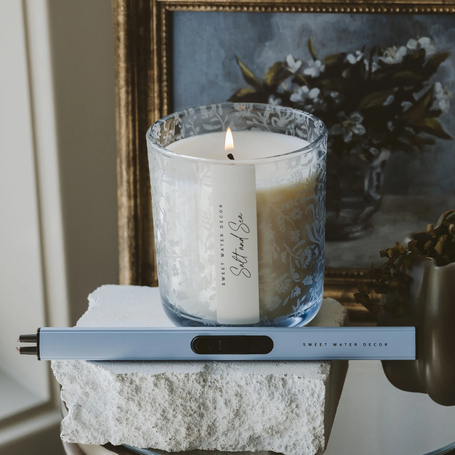 Salt and Sea Soy Candle - Blue Tinted Glass Jar - 12 oz - Image 3