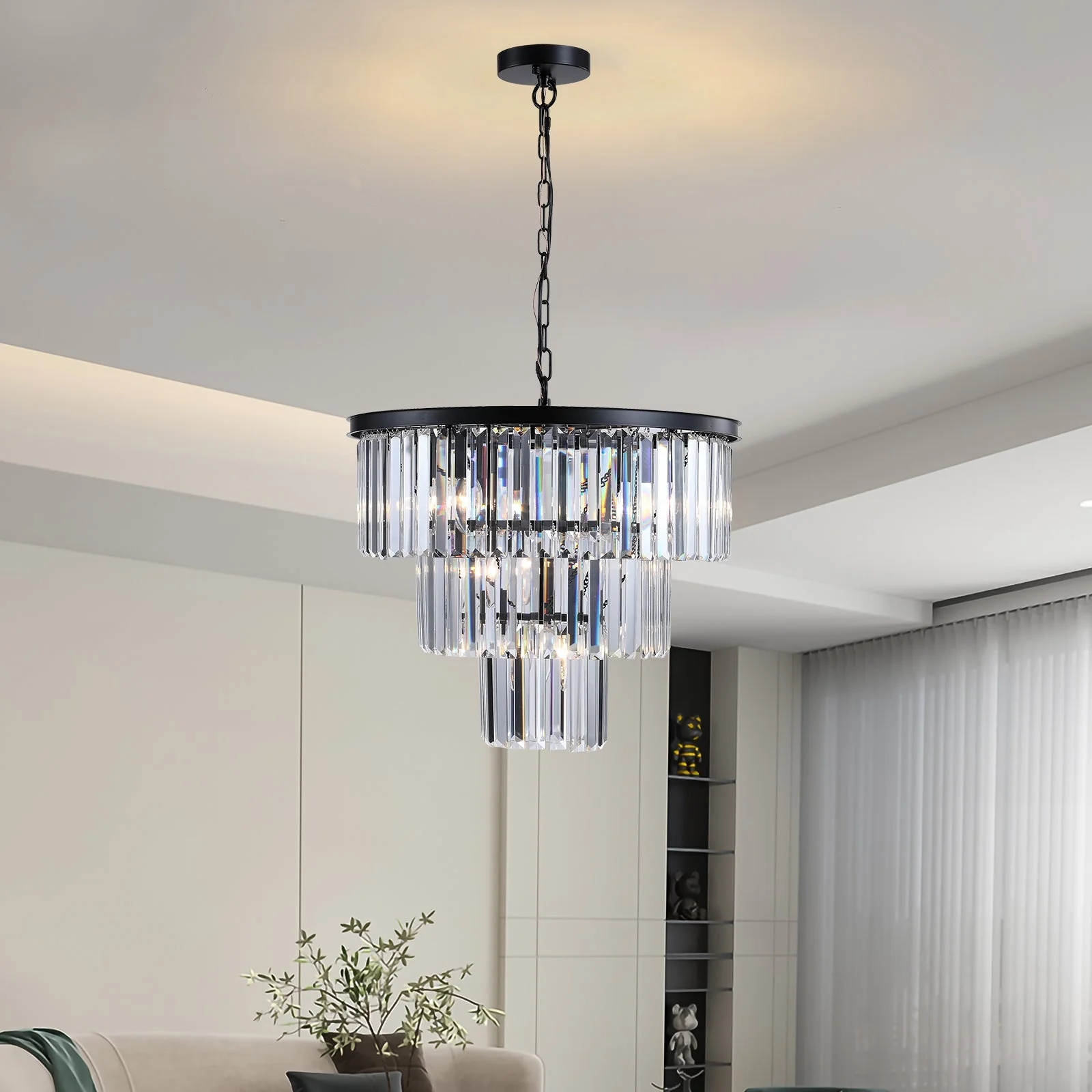 20' Luxury 3-Tier Crystal Chandelier, 7-Light Black Frame Pendant Light, Elegant Ceiling Lighting for Living Room, Dining Room, Bedroom (No Bulbs)