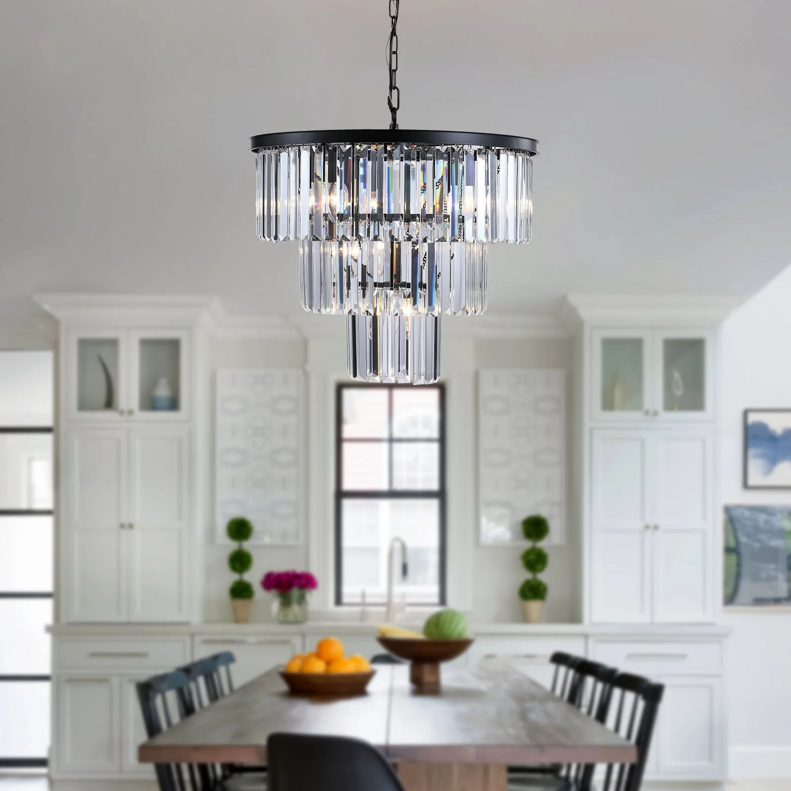 20' Luxury 3-Tier Crystal Chandelier, 7-Light Black Frame Pendant Light, Elegant Ceiling Lighting for Living Room, Dining Room, Bedroom (No Bulbs) - Image 2
