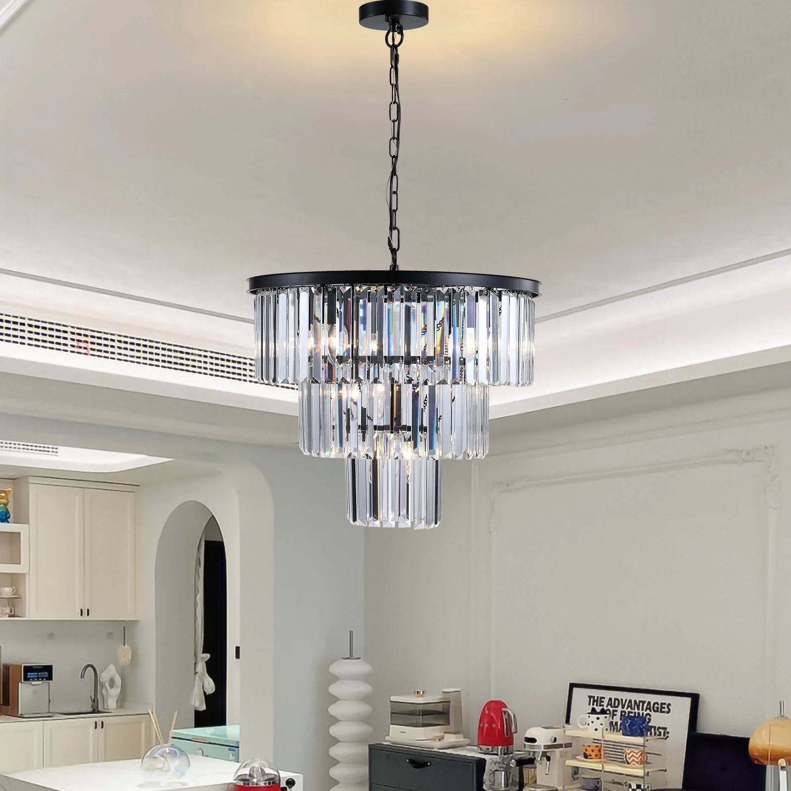 20' Luxury 3-Tier Crystal Chandelier, 7-Light Black Frame Pendant Light, Elegant Ceiling Lighting for Living Room, Dining Room, Bedroom (No Bulbs) - Image 5