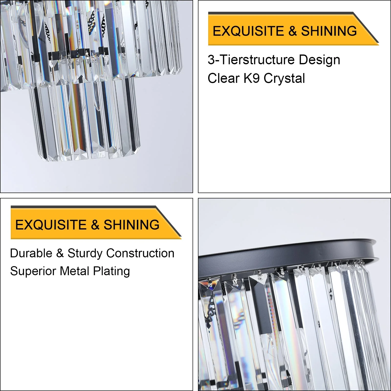 20' Luxury 3-Tier Crystal Chandelier, 7-Light Black Frame Pendant Light, Elegant Ceiling Lighting for Living Room, Dining Room, Bedroom (No Bulbs) - Image 7