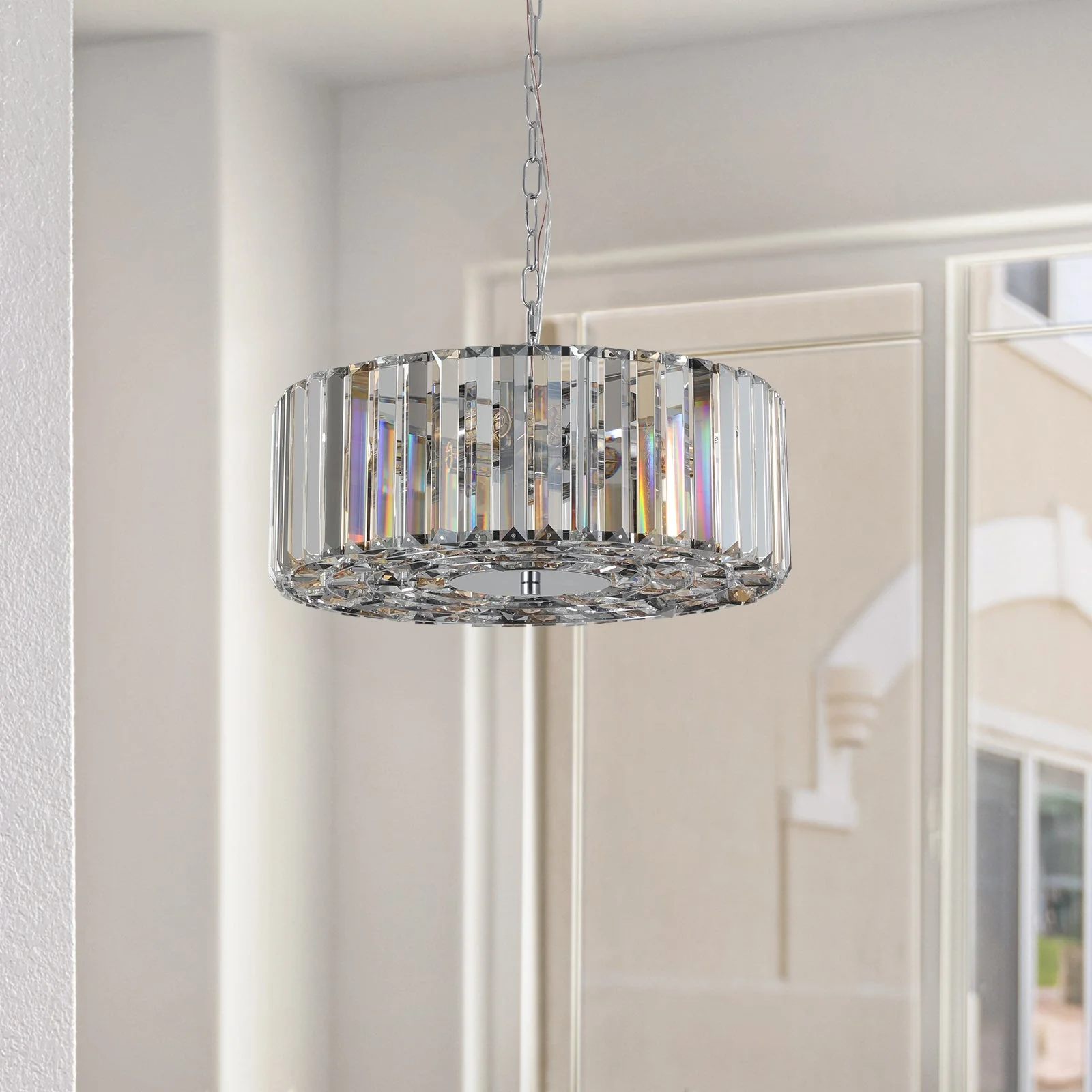 17' Chrome Crystal Pendant Chandelier, Modern Hanging Light Fixture with Adjustable Height, 4-Light E26 Base for Living Room, Dining Room, or Kitchen (No Bulbs) - Image 4