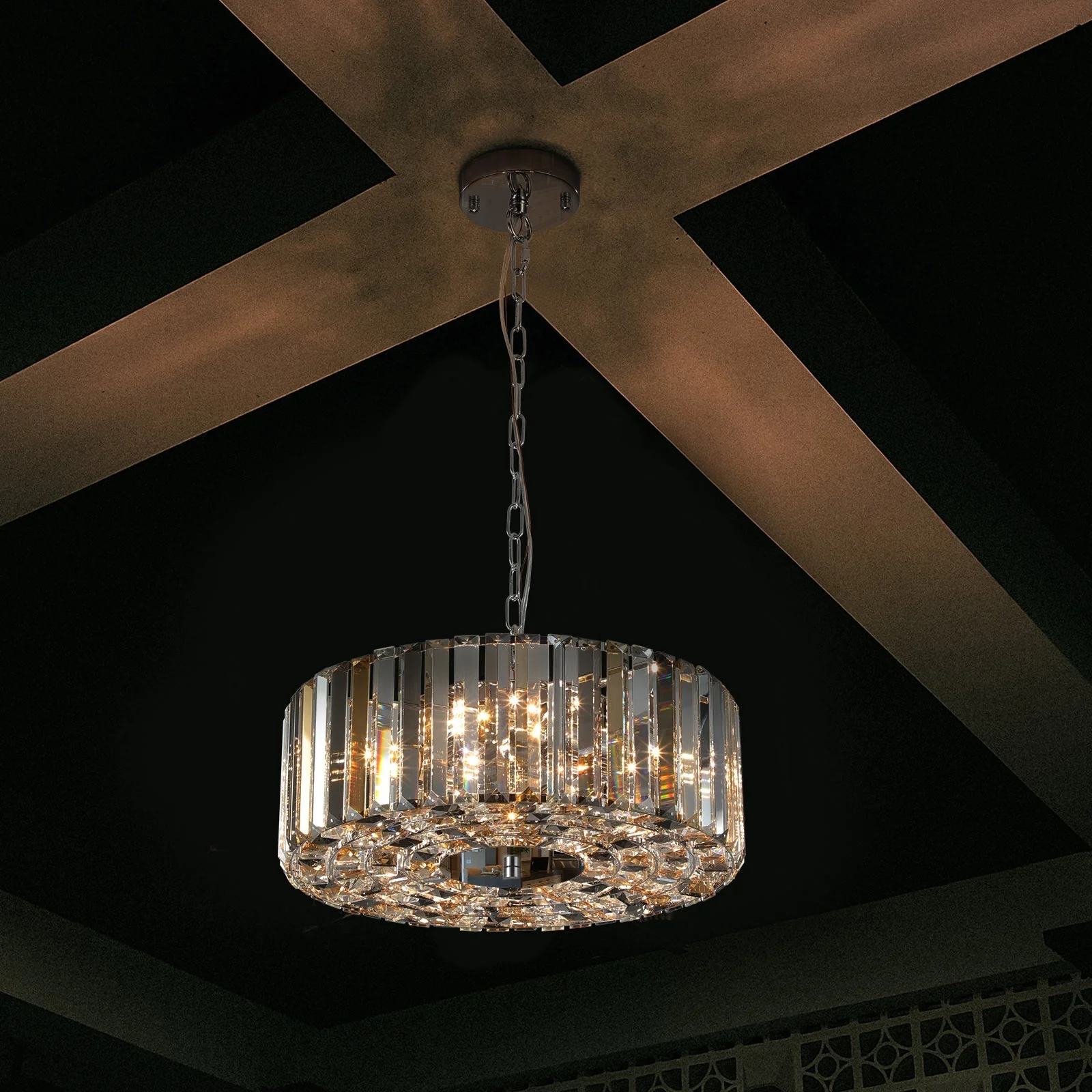 17' Chrome Crystal Pendant Chandelier, Modern Hanging Light Fixture with Adjustable Height, 4-Light E26 Base for Living Room, Dining Room, or Kitchen (No Bulbs) - Image 6