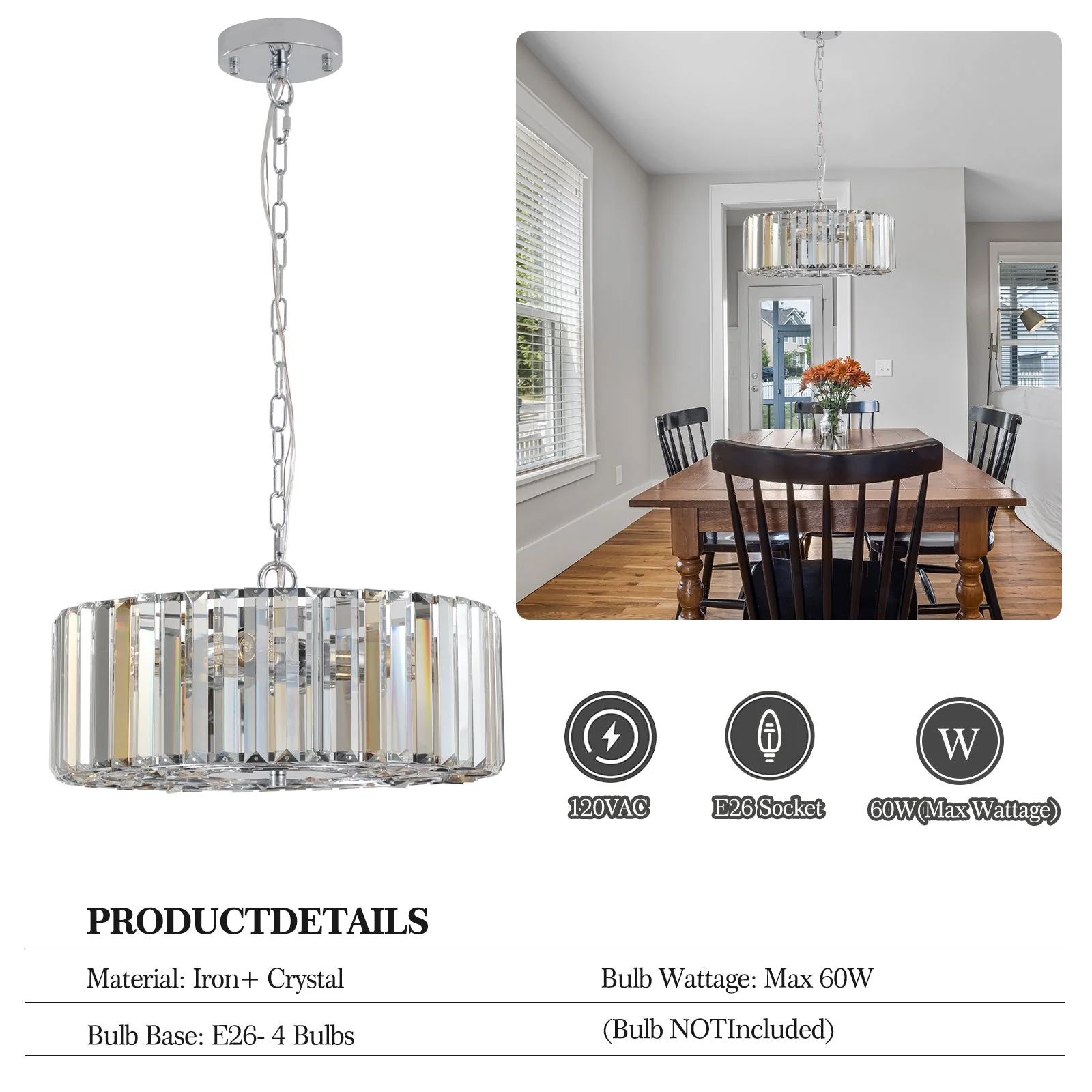 17' Chrome Crystal Pendant Chandelier, Modern Hanging Light Fixture with Adjustable Height, 4-Light E26 Base for Living Room, Dining Room, or Kitchen (No Bulbs) - Image 7