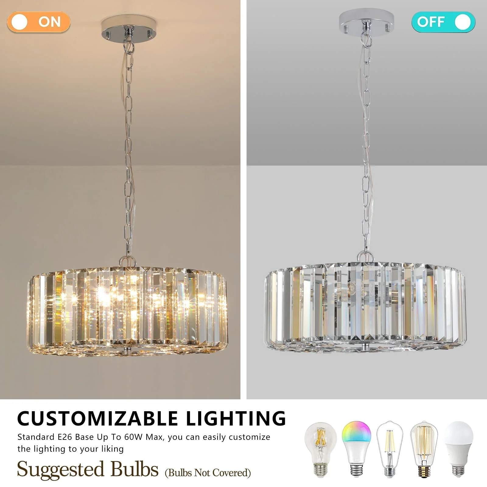 17' Chrome Crystal Pendant Chandelier, Modern Hanging Light Fixture with Adjustable Height, 4-Light E26 Base for Living Room, Dining Room, or Kitchen (No Bulbs) - Image 8