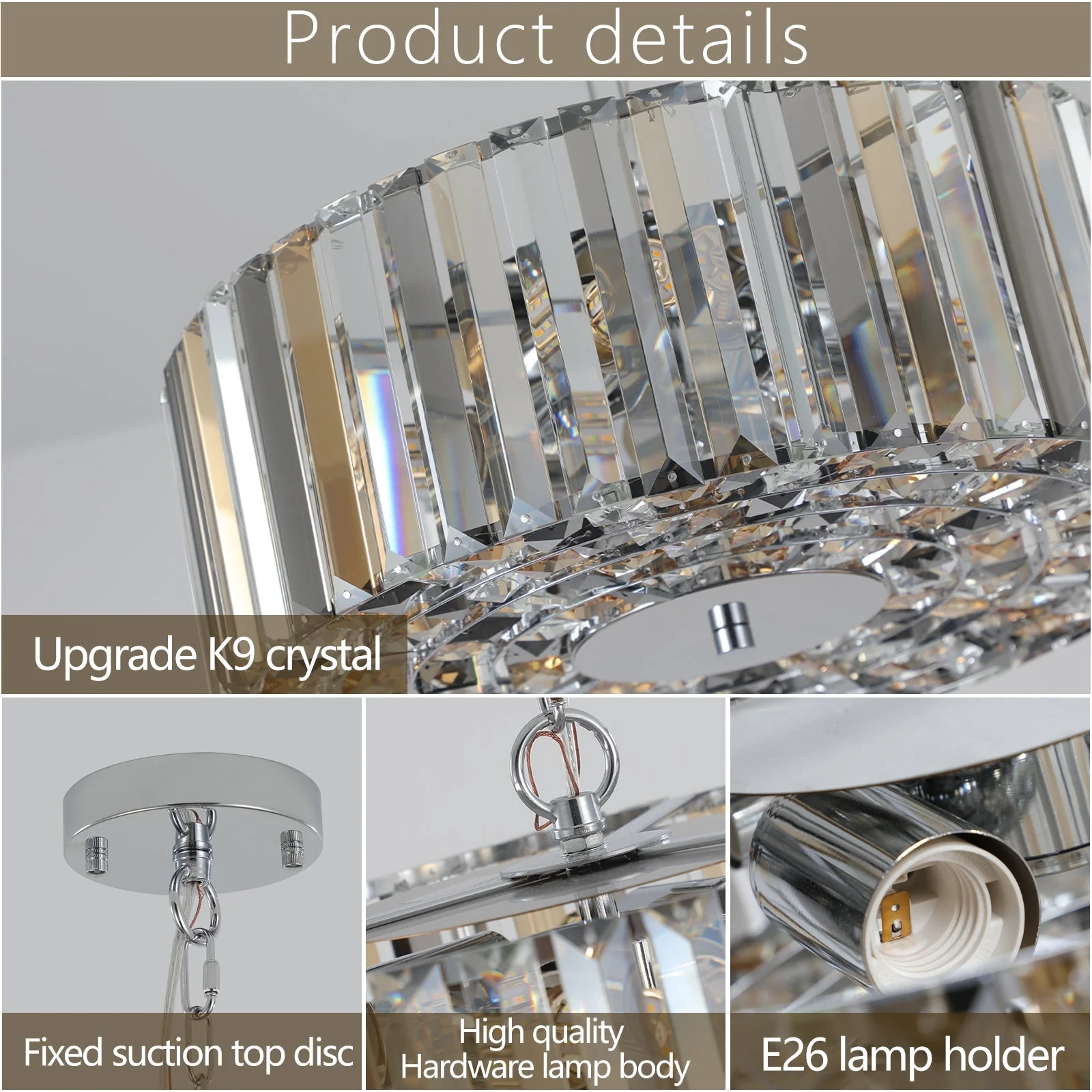 17' Chrome Crystal Pendant Chandelier, Modern Hanging Light Fixture with Adjustable Height, 4-Light E26 Base for Living Room, Dining Room, or Kitchen (No Bulbs) - Image 9