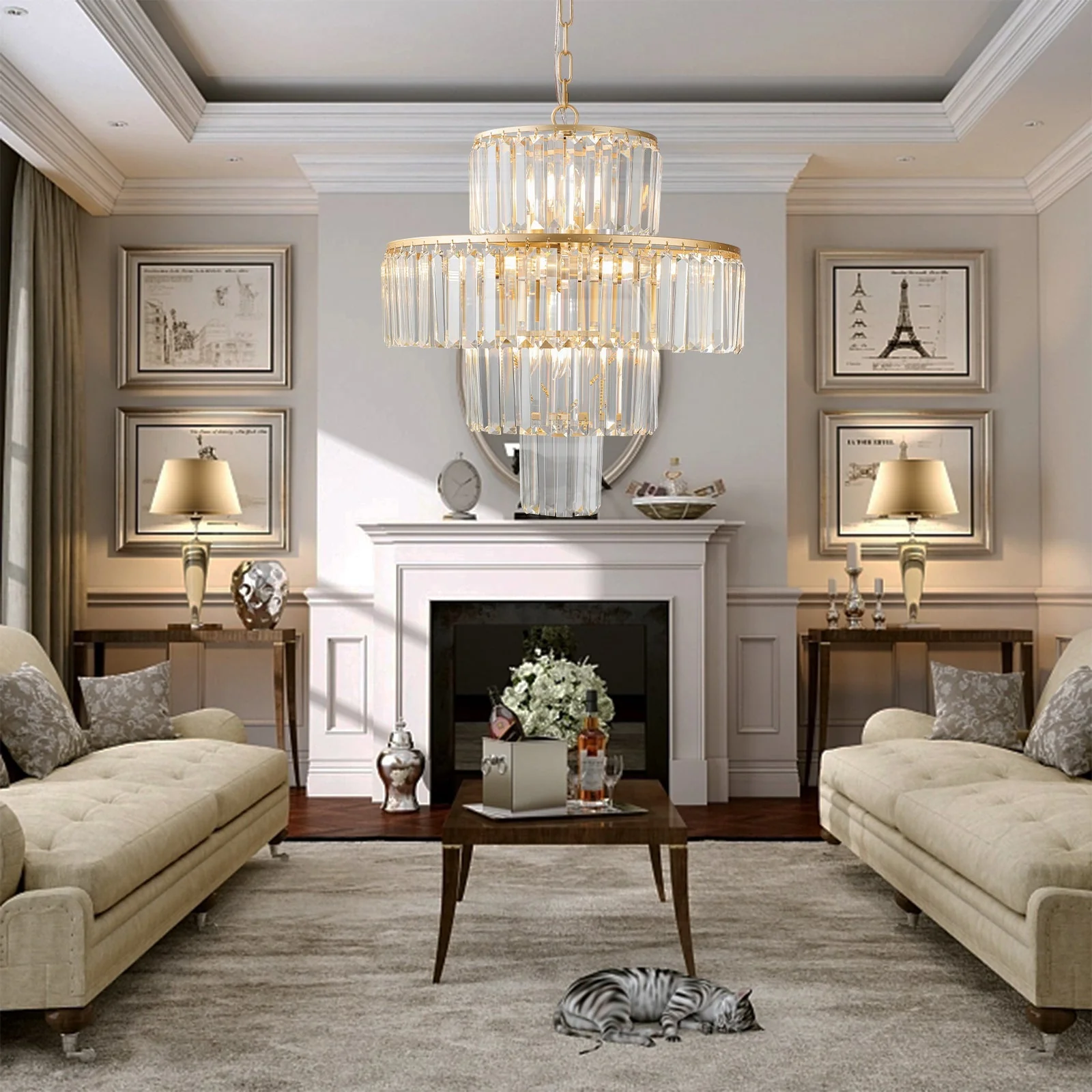 (Same as W1340126461/L5023) 20' Luxury 4-Tier Crystal Chandelier, 12-Light Gold Frame Pendant Light, Elegant Ceiling Lighting for Living Room, Dining Room, Bedroom (No Bulbs) - Image 3