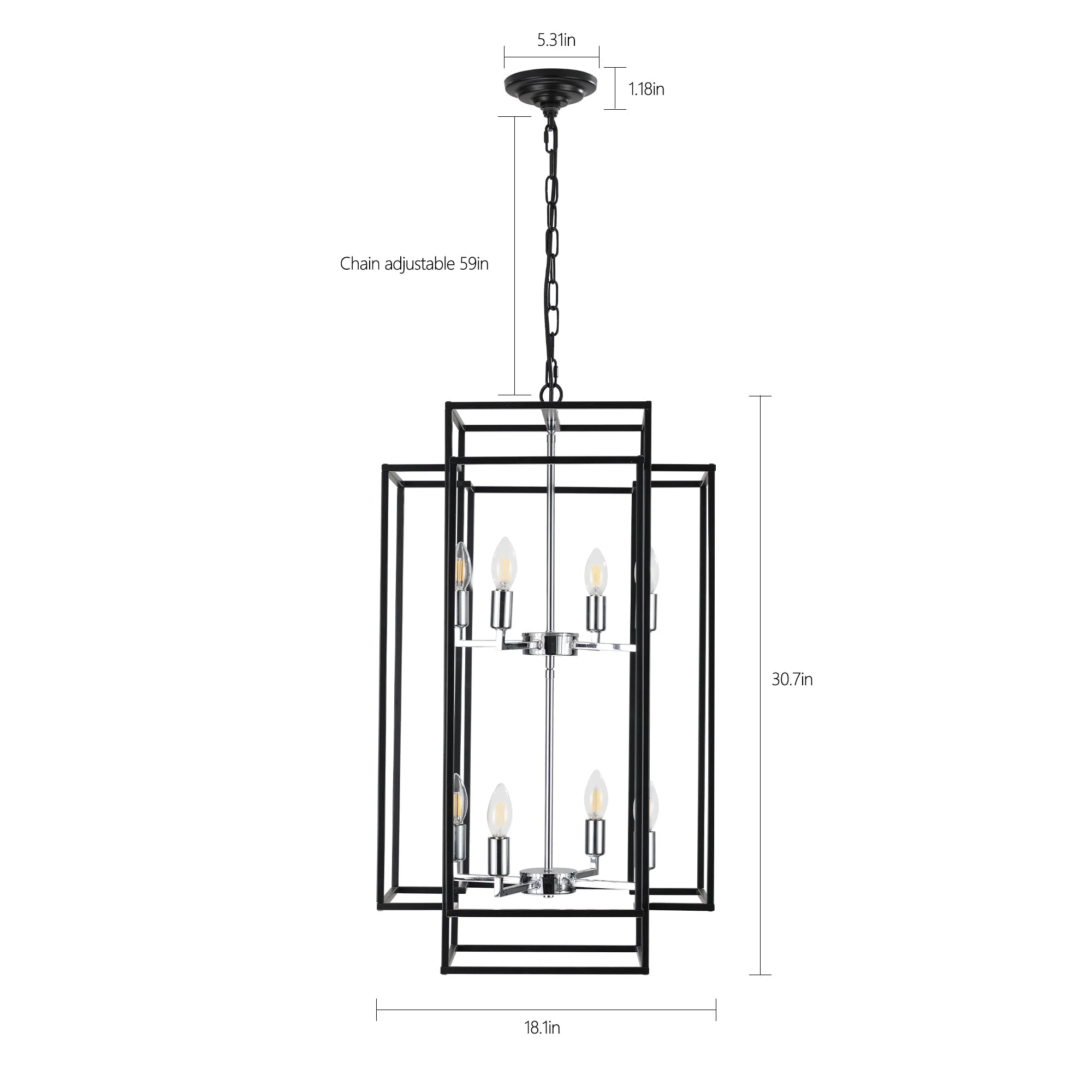 18' Modern 8-Light Black & Chrome Geometric Pendant Chandelier, Industrial Metal Frame, Adjustable Hanging Light for Living Room, Dining Room, Kitchen (No Bulbs) - Image 11
