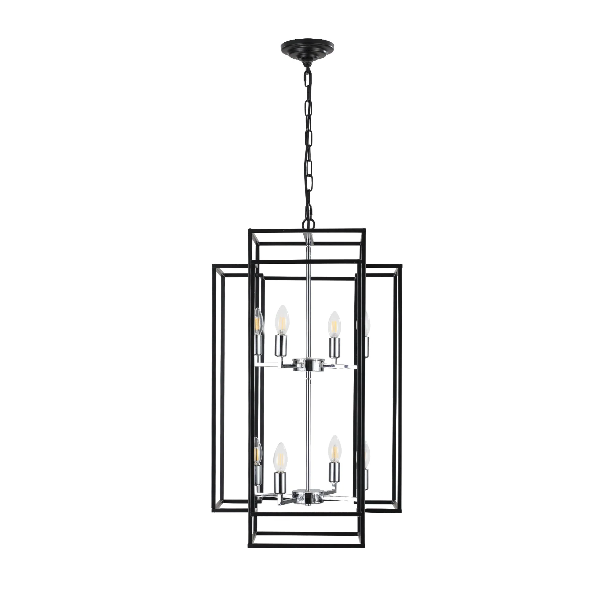 18' Modern 8-Light Black & Chrome Geometric Pendant Chandelier, Industrial Metal Frame, Adjustable Hanging Light for Living Room, Dining Room, Kitchen (No Bulbs) - Image 12