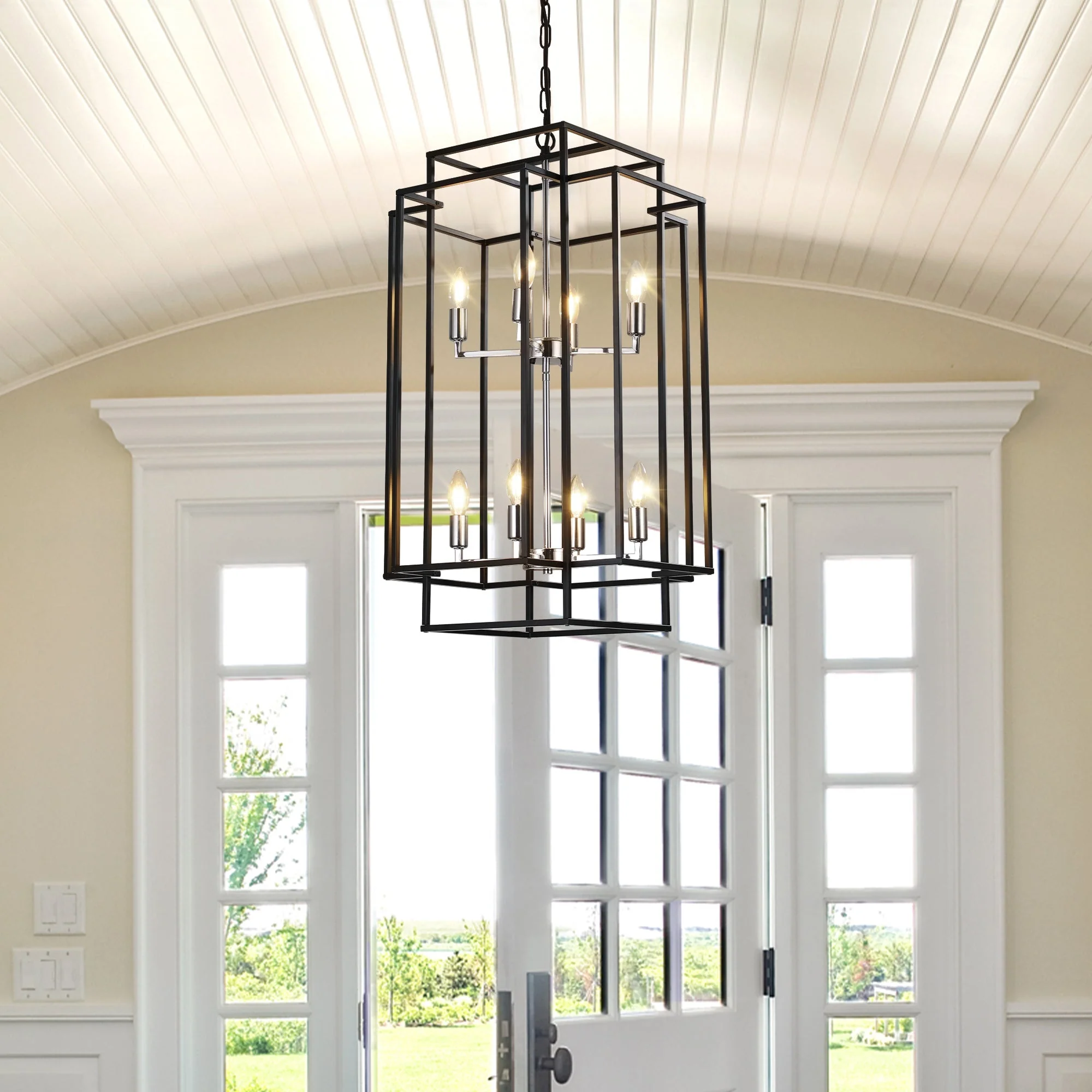 18' Modern 8-Light Black & Chrome Geometric Pendant Chandelier, Industrial Metal Frame, Adjustable Hanging Light for Living Room, Dining Room, Kitchen (No Bulbs) - Image 2