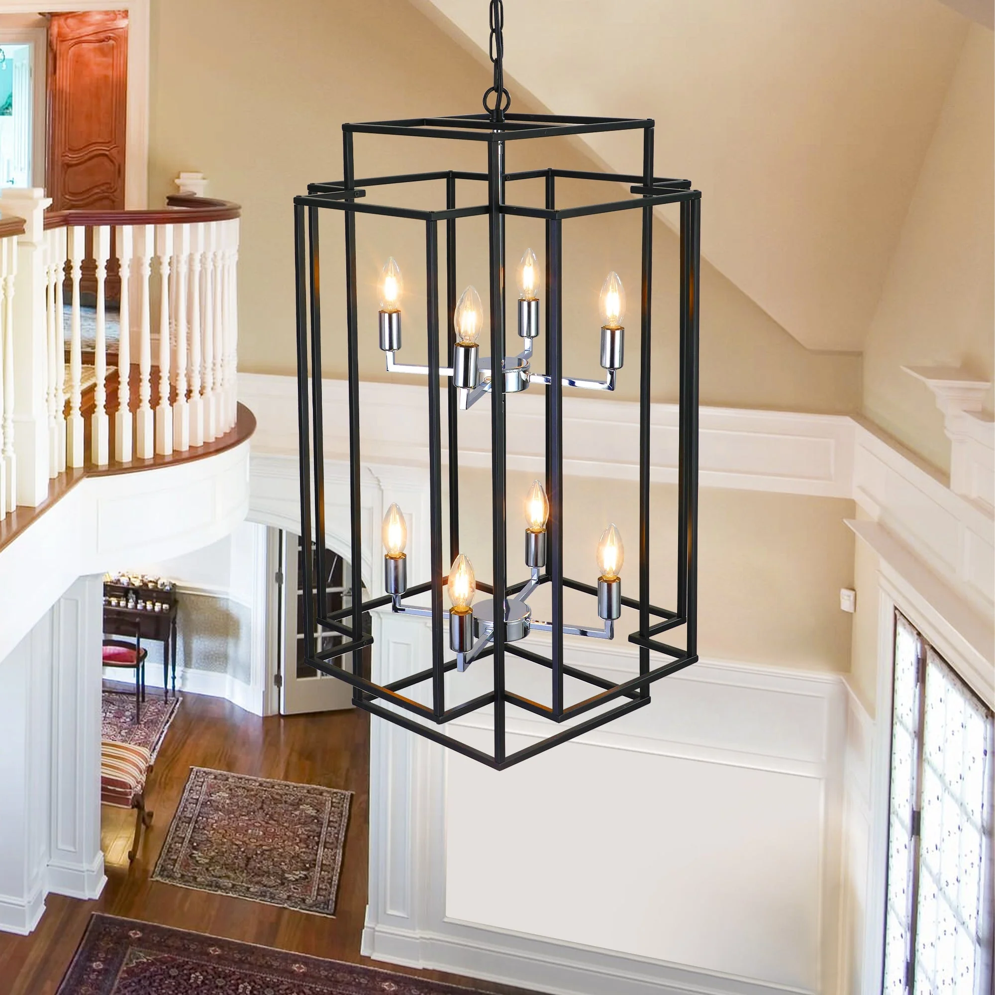 18' Modern 8-Light Black & Chrome Geometric Pendant Chandelier, Industrial Metal Frame, Adjustable Hanging Light for Living Room, Dining Room, Kitchen (No Bulbs) - Image 3