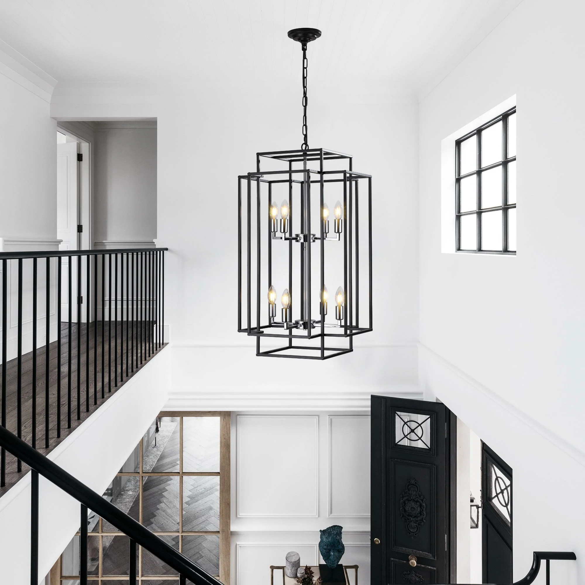 18' Modern 8-Light Black & Chrome Geometric Pendant Chandelier, Industrial Metal Frame, Adjustable Hanging Light for Living Room, Dining Room, Kitchen (No Bulbs) - Image 4