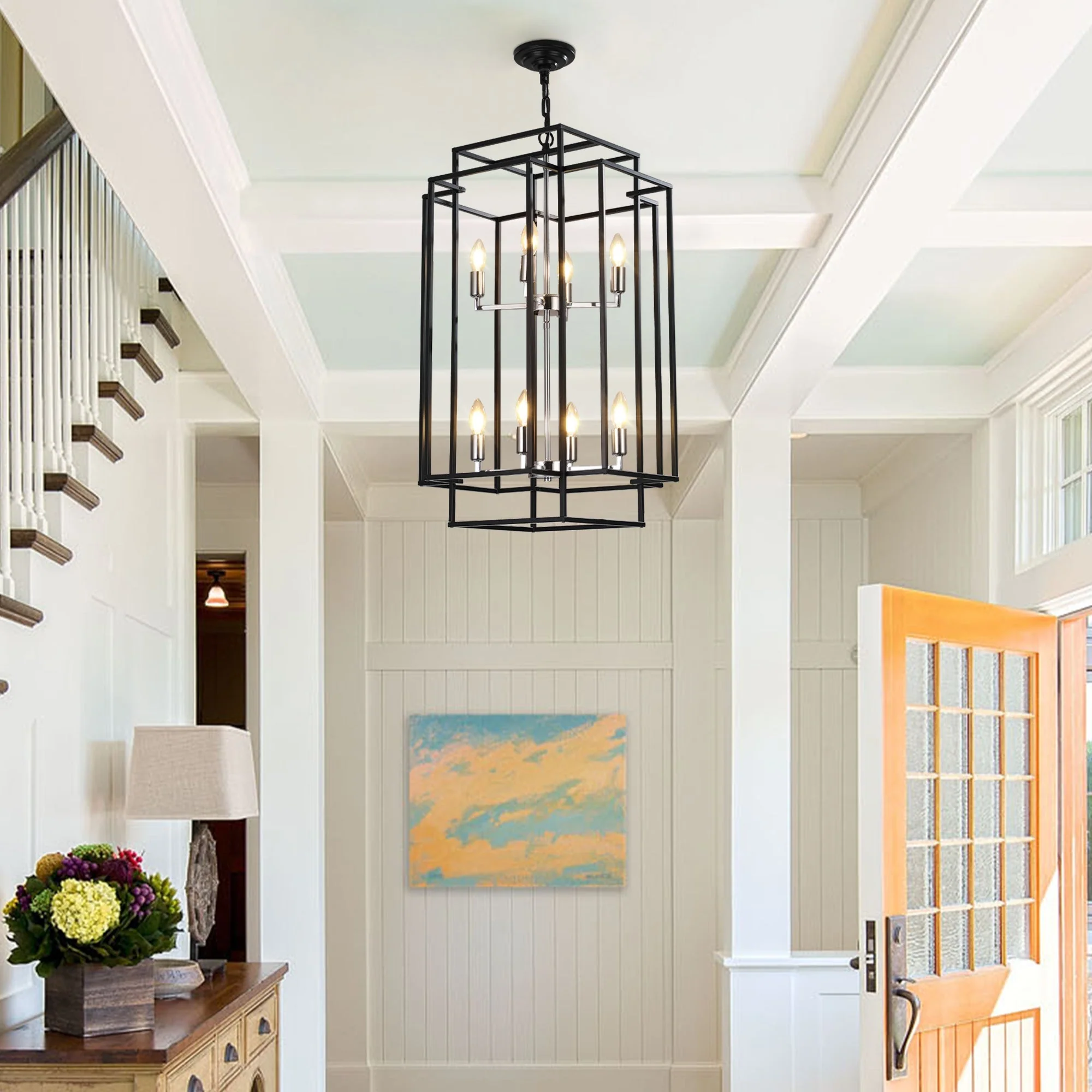 18' Modern 8-Light Black & Chrome Geometric Pendant Chandelier, Industrial Metal Frame, Adjustable Hanging Light for Living Room, Dining Room, Kitchen (No Bulbs) - Image 5