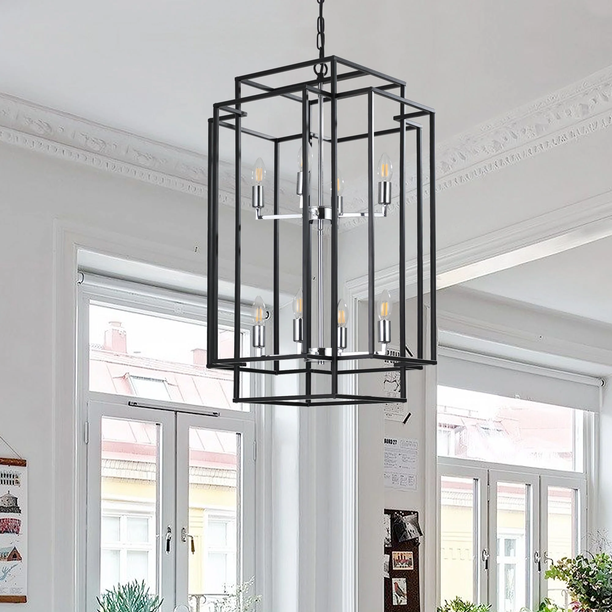 18' Modern 8-Light Black & Chrome Geometric Pendant Chandelier, Industrial Metal Frame, Adjustable Hanging Light for Living Room, Dining Room, Kitchen (No Bulbs) - Image 7