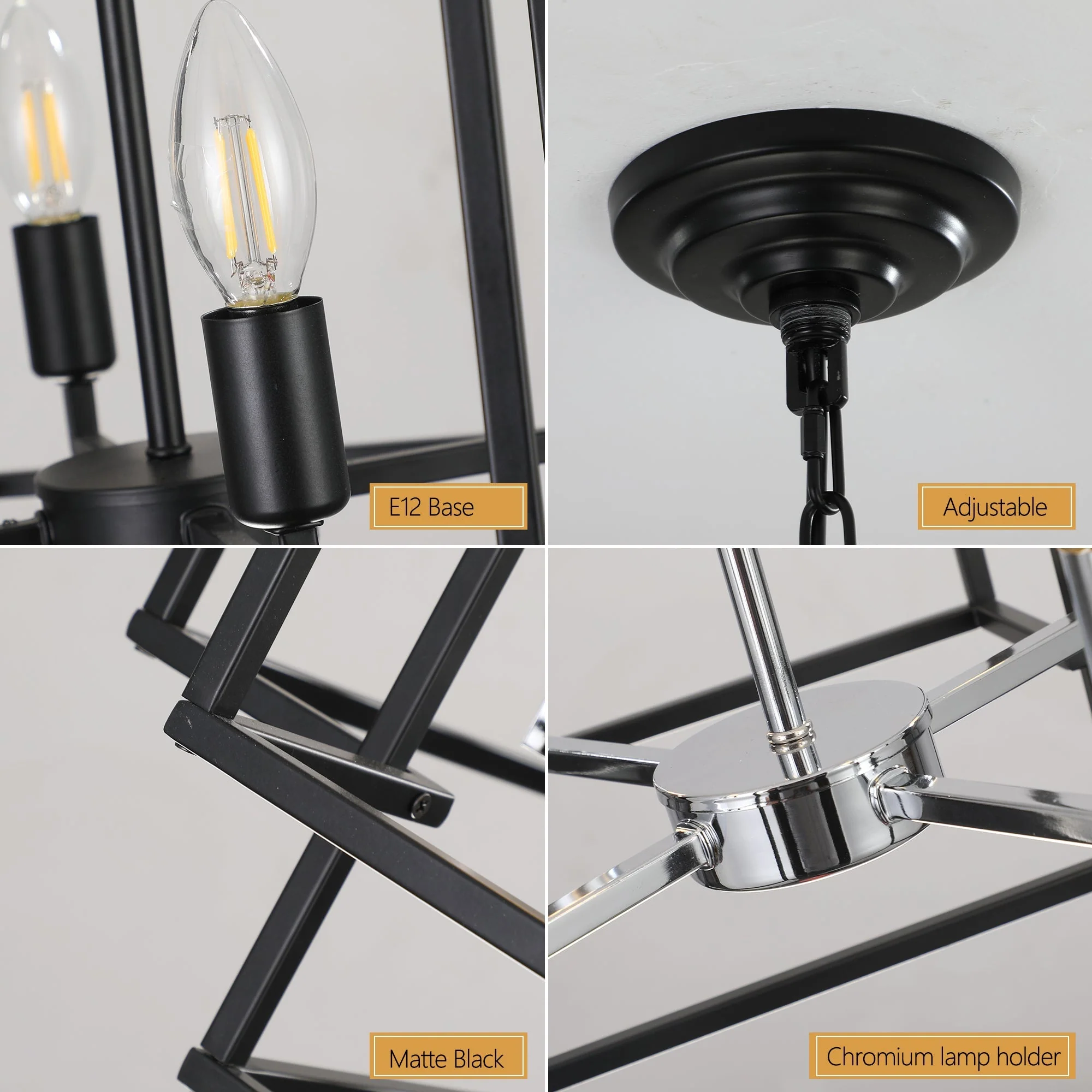 18' Modern 8-Light Black & Chrome Geometric Pendant Chandelier, Industrial Metal Frame, Adjustable Hanging Light for Living Room, Dining Room, Kitchen (No Bulbs) - Image 8