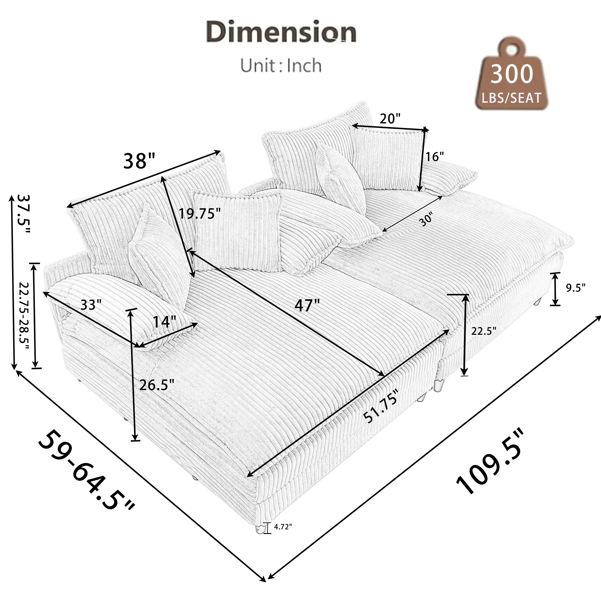 San Jose Four-Position Corduroy Chaise Lounge - Image 10