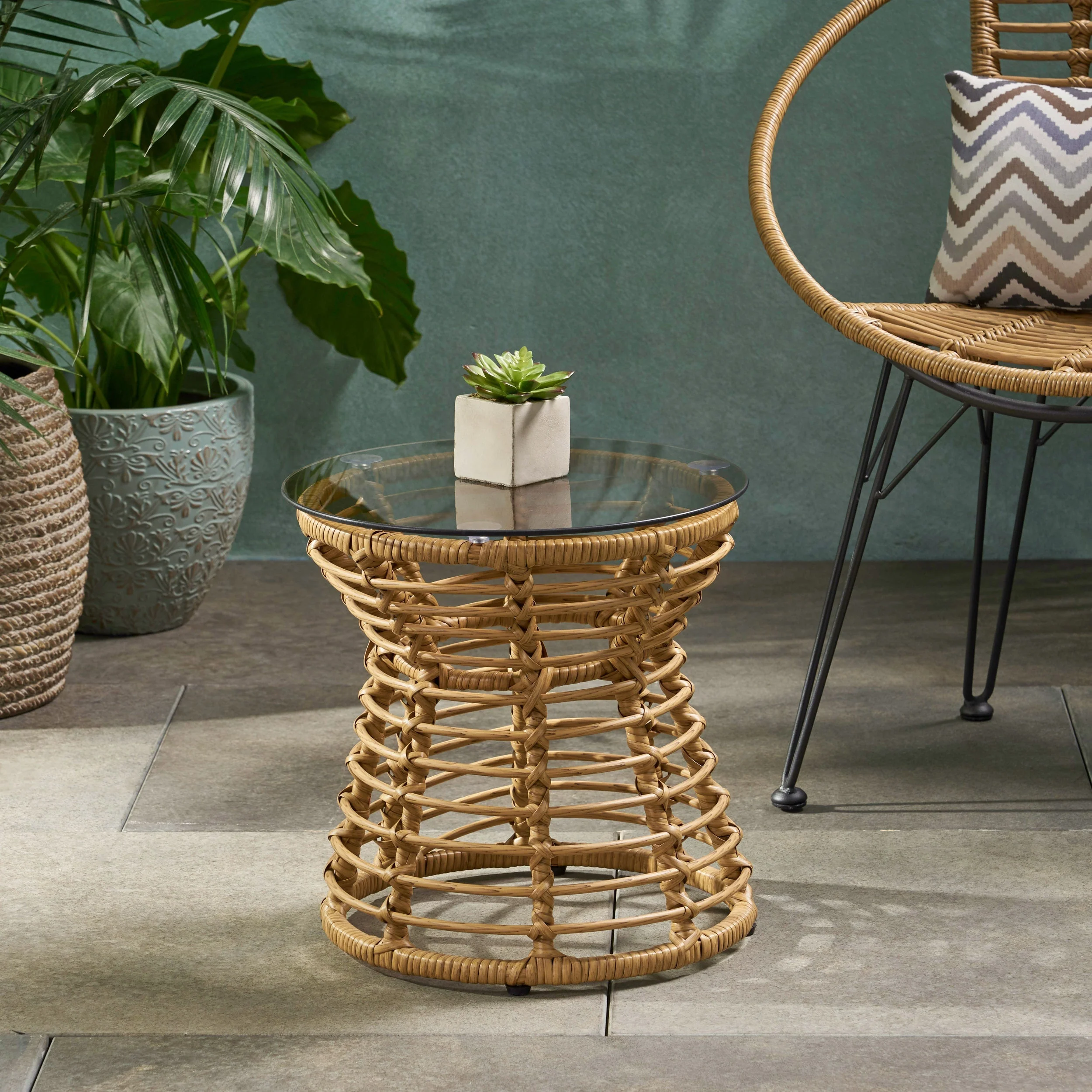 San Pedro Boho Style Side Table with Tempered Glass Top in Light Brown Rattan - Image 2