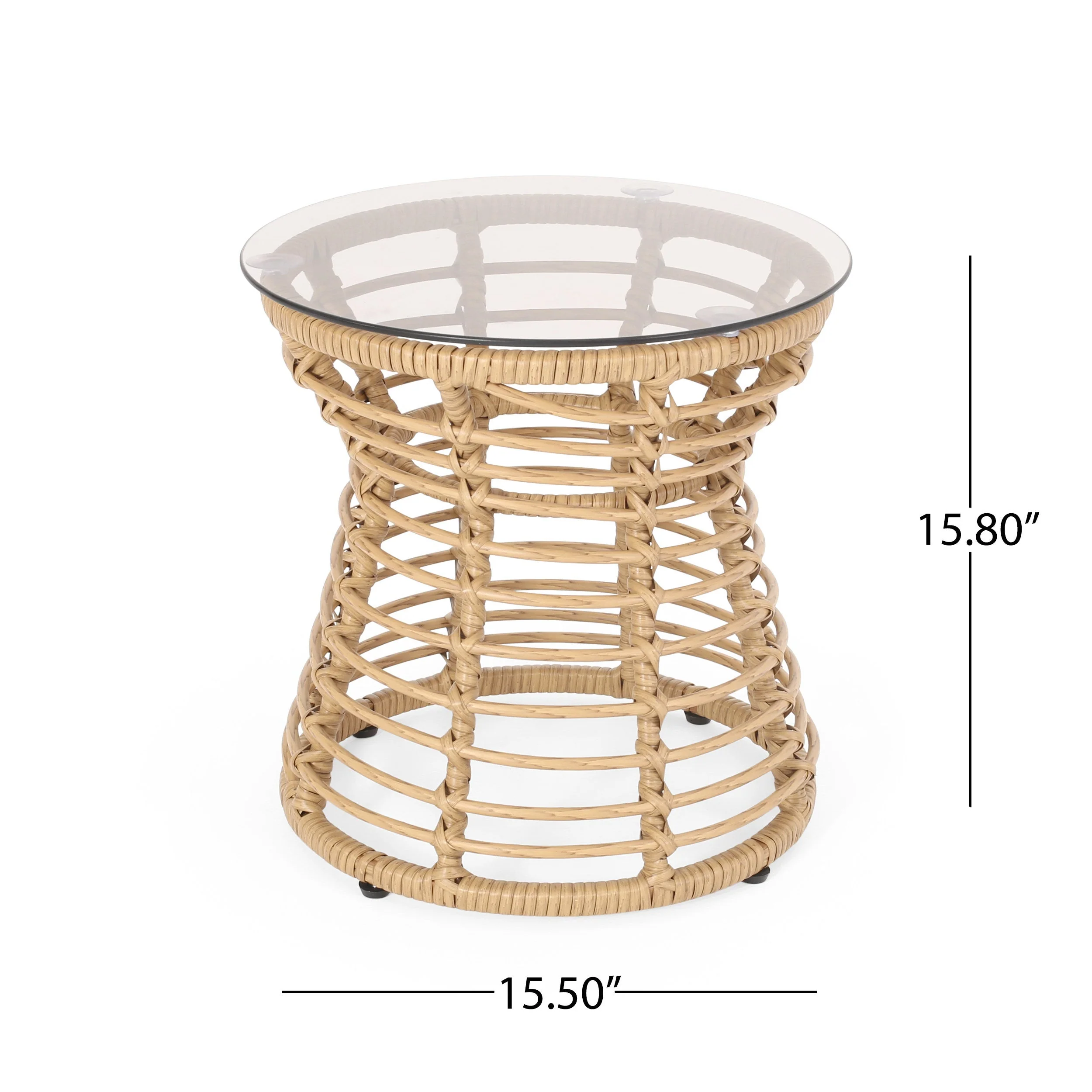 San Pedro Boho Style Side Table with Tempered Glass Top in Light Brown Rattan - Image 3