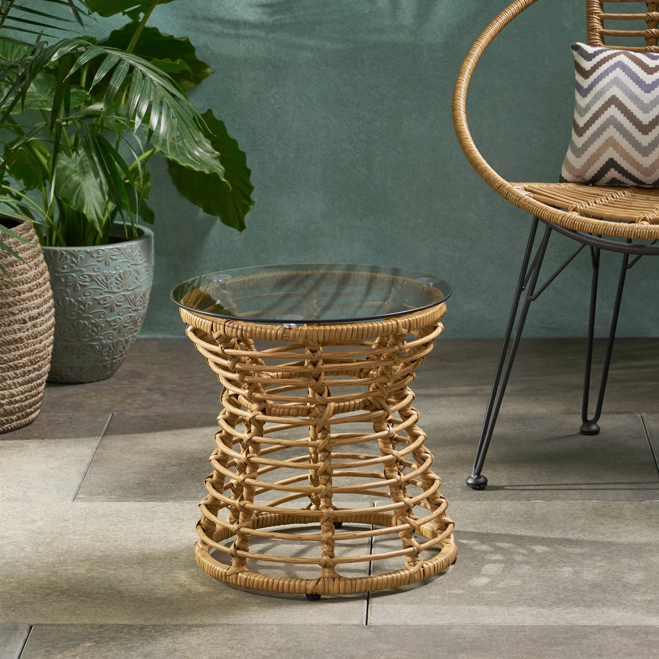 San Pedro Boho Style Side Table with Tempered Glass Top in Light Brown Rattan - Image 4