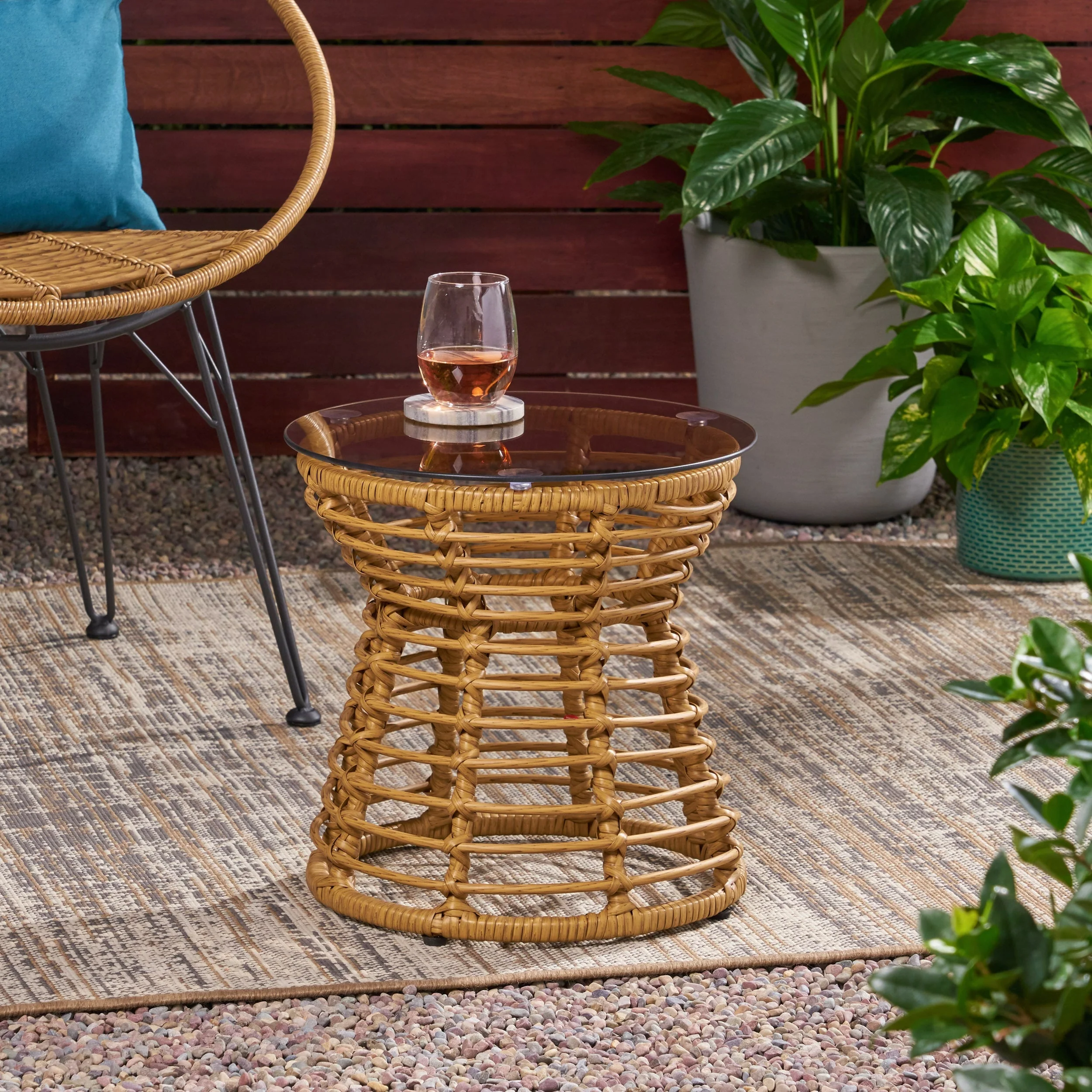 San Pedro Boho Style Side Table with Tempered Glass Top in Light Brown Rattan - Image 5