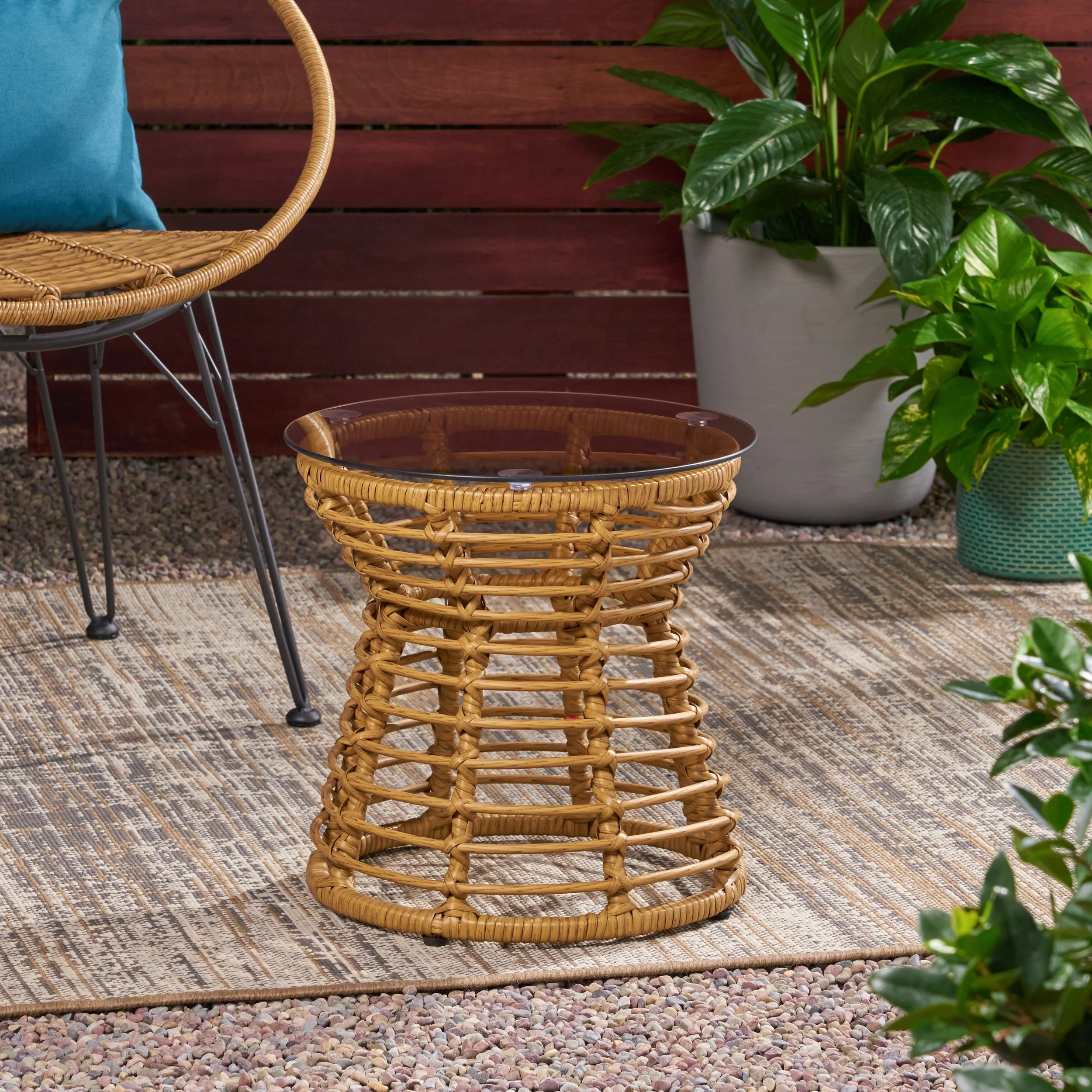 San Pedro Boho Style Side Table with Tempered Glass Top in Light Brown Rattan - Image 6