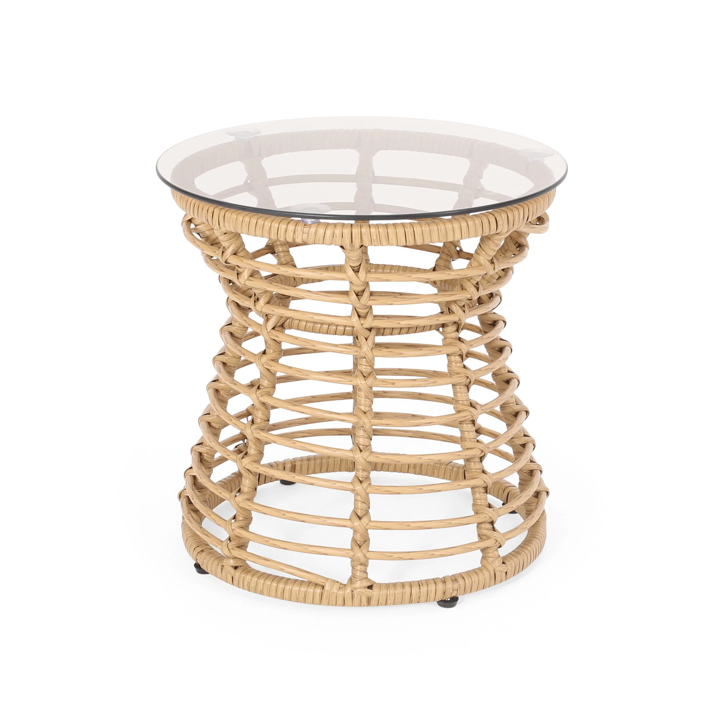San Pedro Boho Style Side Table with Tempered Glass Top in Light Brown Rattan - Image 7