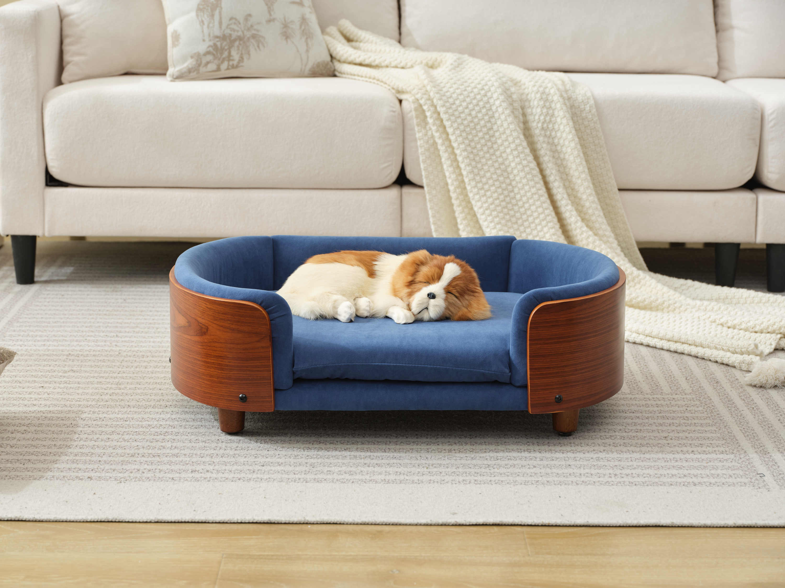 Scandinavian Style Elevated Dog Bed Mid Size Dark Blue Velvet - Image 14