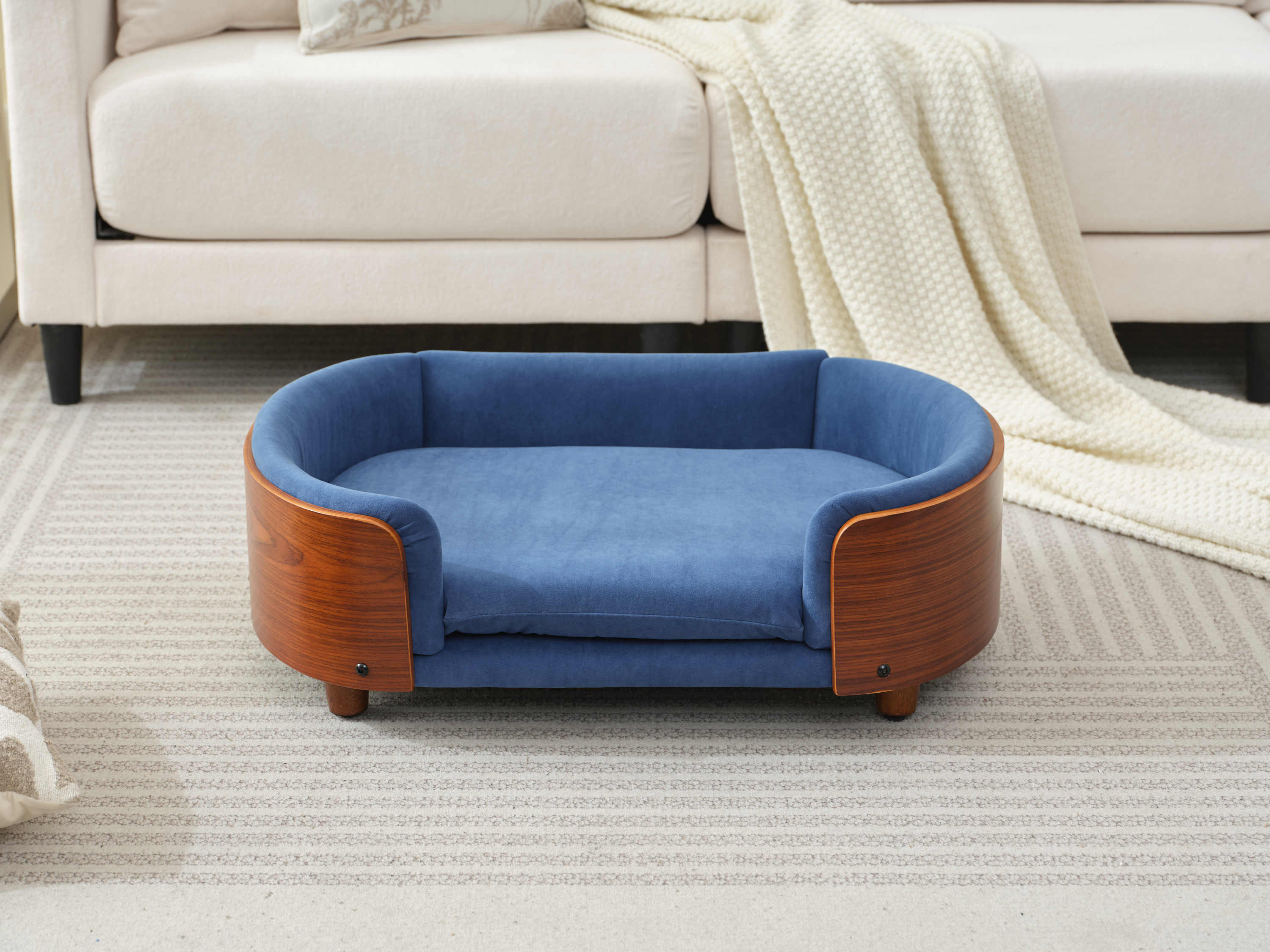 Scandinavian Style Elevated Dog Bed Mid Size Dark Blue Velvet - Image 4