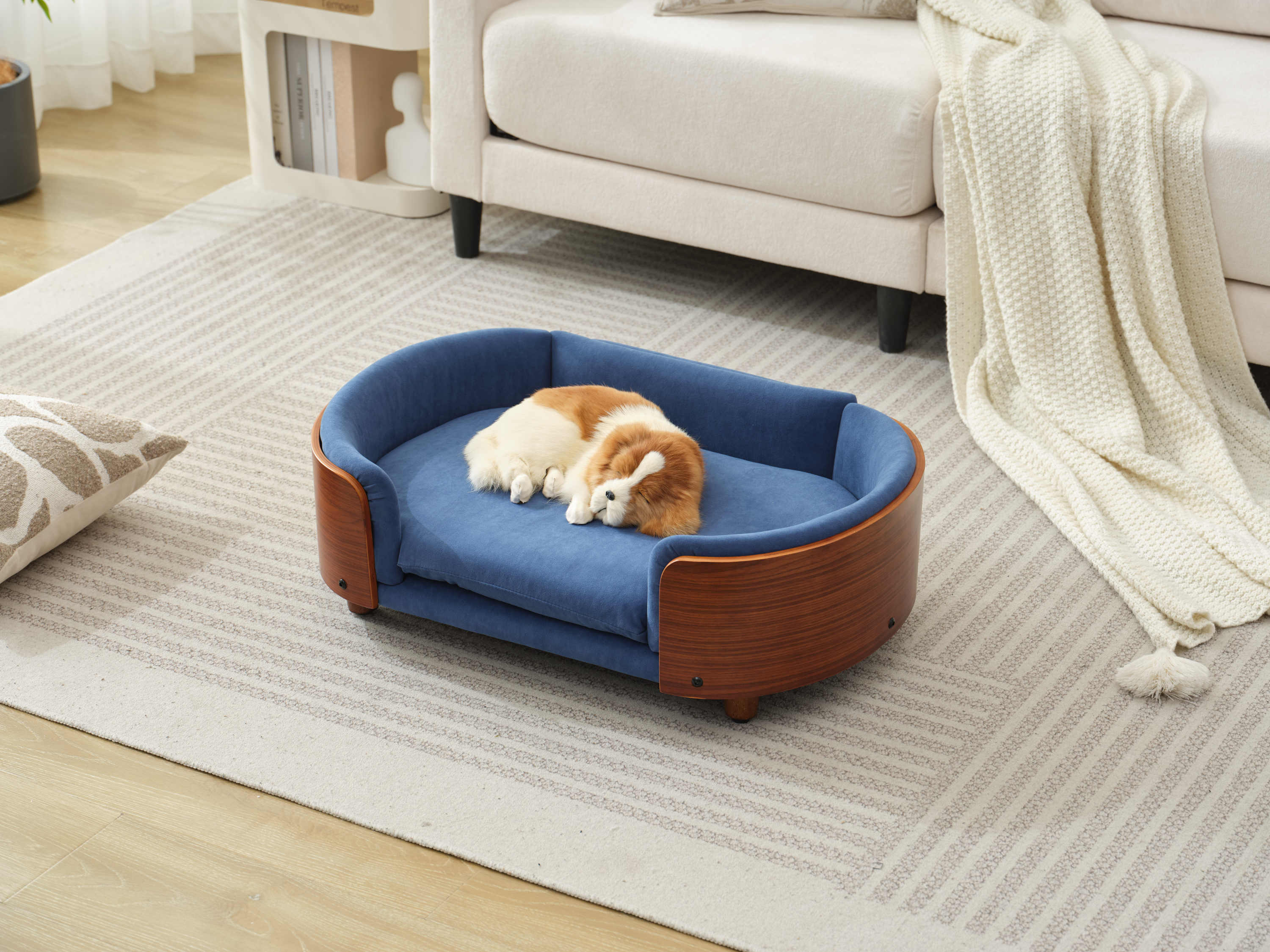 Scandinavian Style Elevated Dog Bed Mid Size Dark Blue Velvet - Image 6