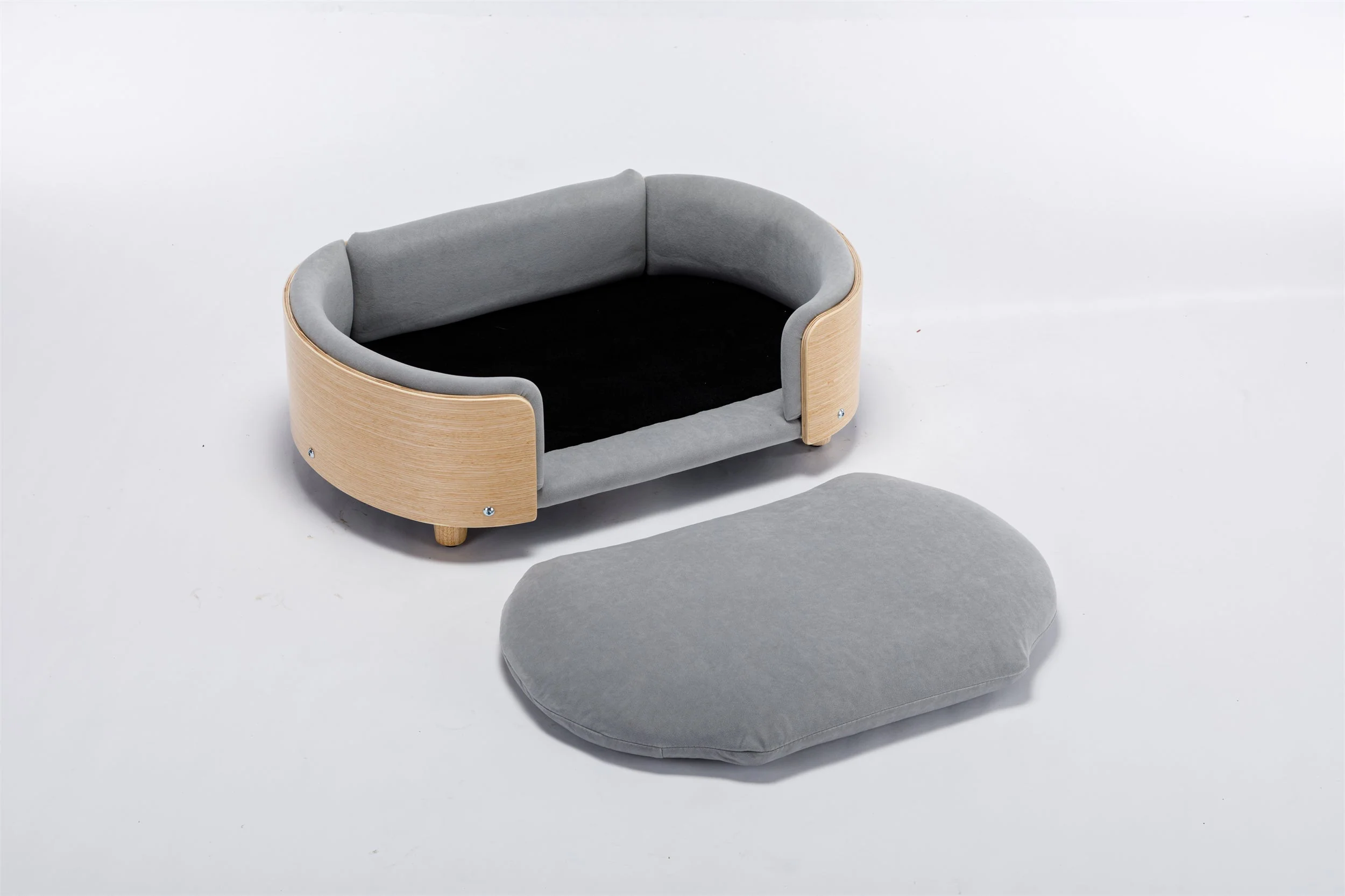 Scandinavian Style Elevated Dog Bed Pet Sofa Velvet Cushion Mid Size Light Grey - Image 11