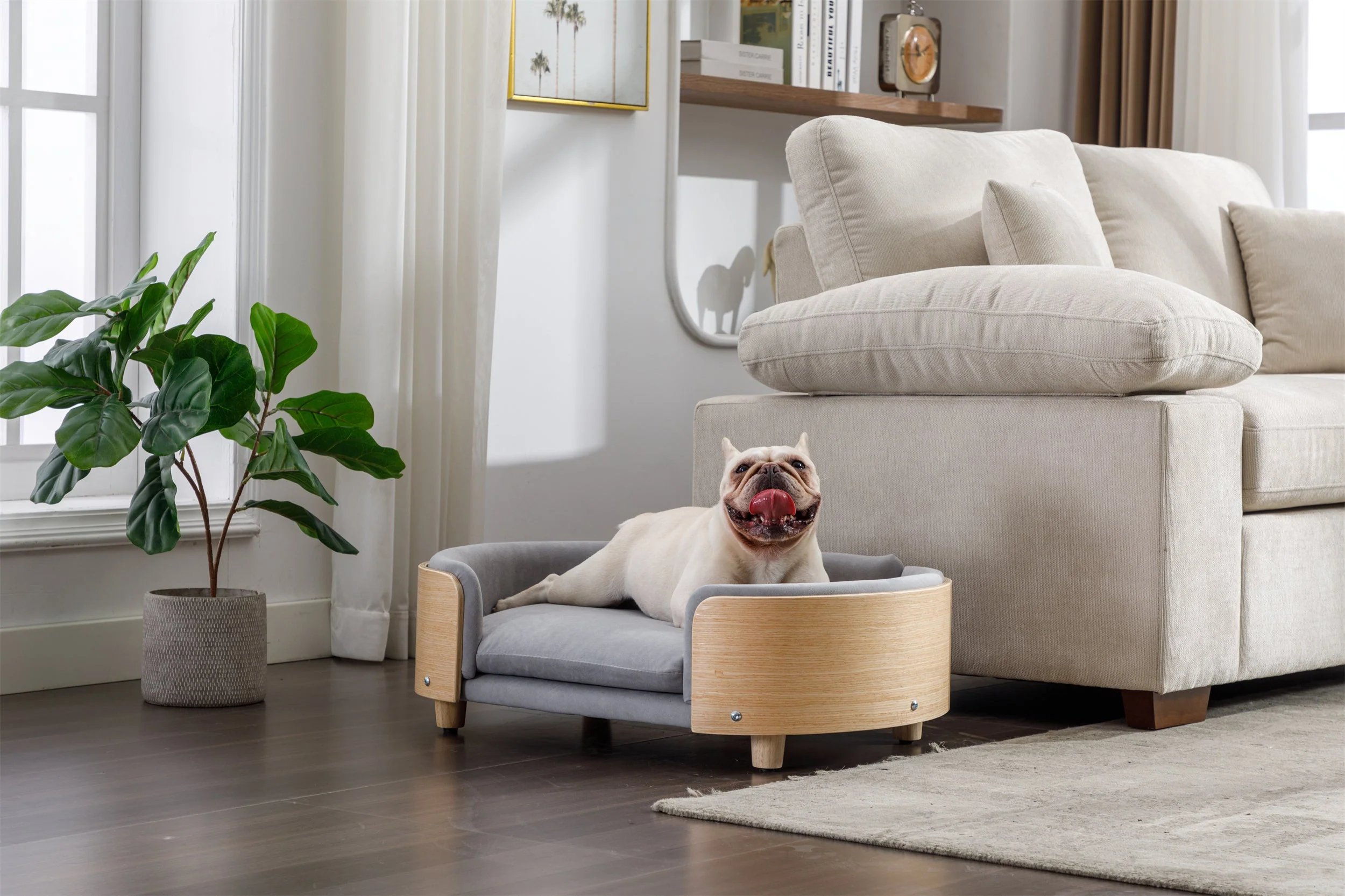 Scandinavian Style Elevated Dog Bed Pet Sofa Velvet Cushion Mid Size Light Grey - Image 3