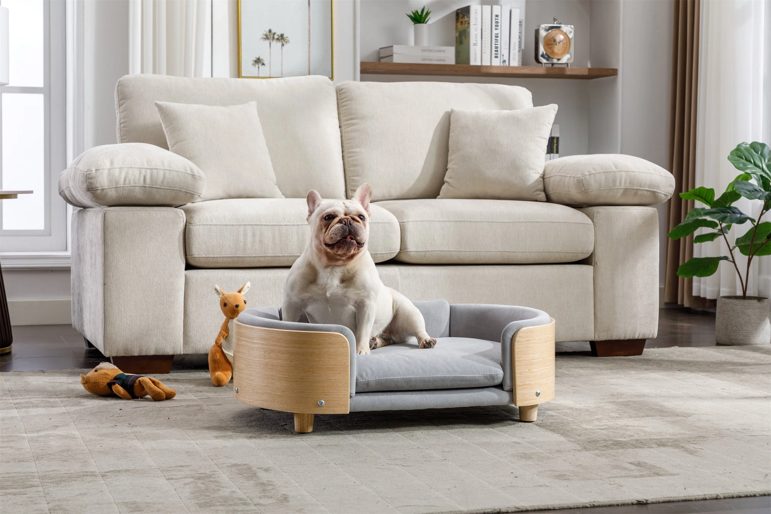 Scandinavian Style Elevated Dog Bed Pet Sofa Velvet Cushion Mid Size Light Grey - Image 4