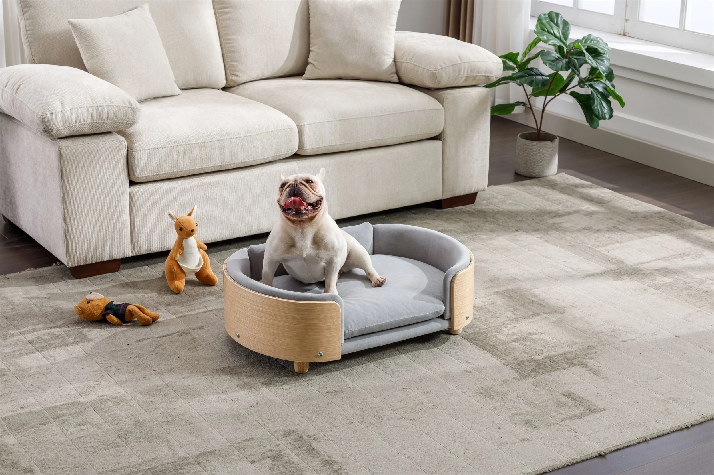 Scandinavian Style Elevated Dog Bed Pet Sofa Velvet Cushion Mid Size Light Grey - Image 5