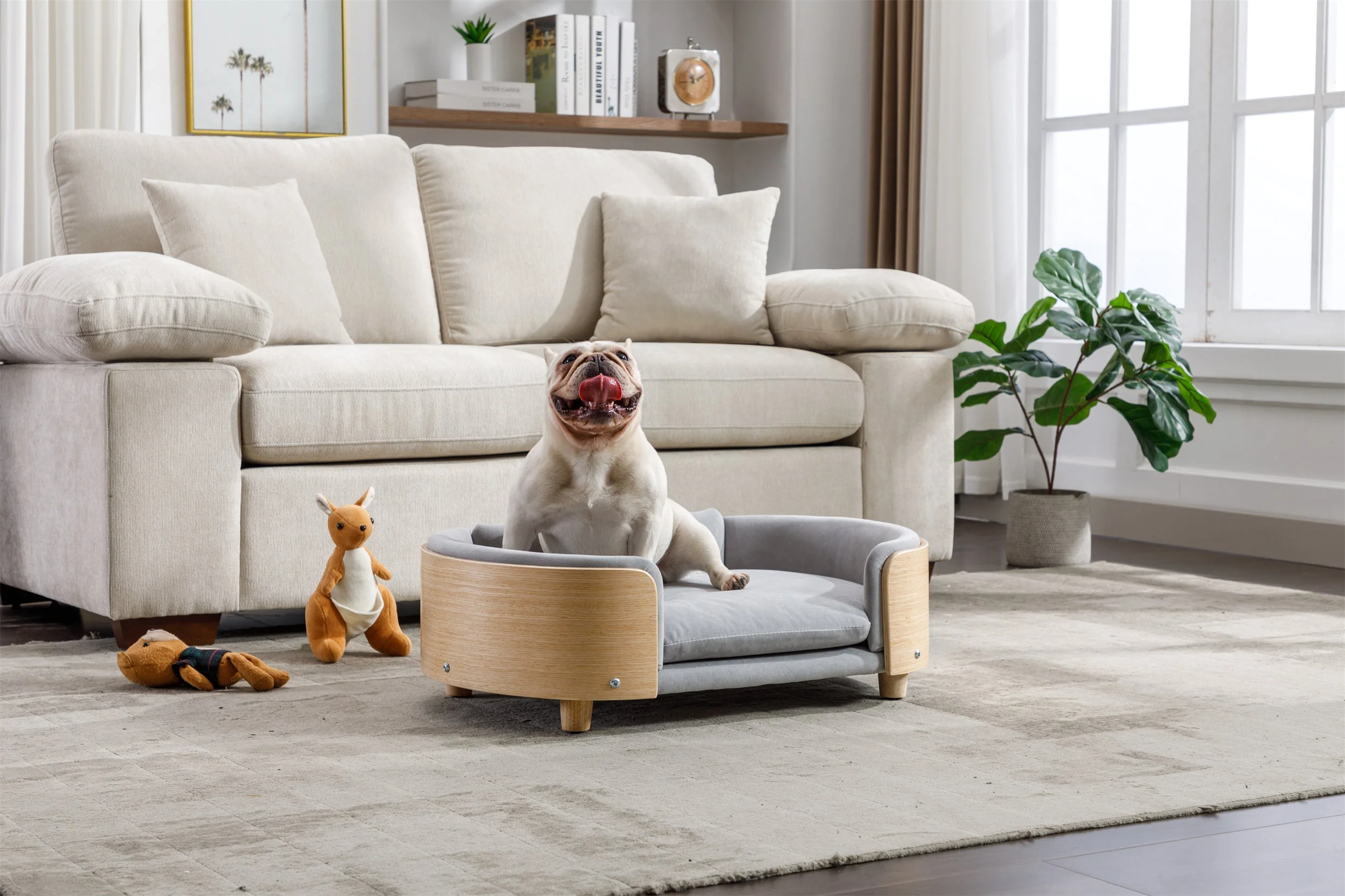 Scandinavian Style Elevated Dog Bed Pet Sofa Velvet Cushion Mid Size Light Grey - Image 6