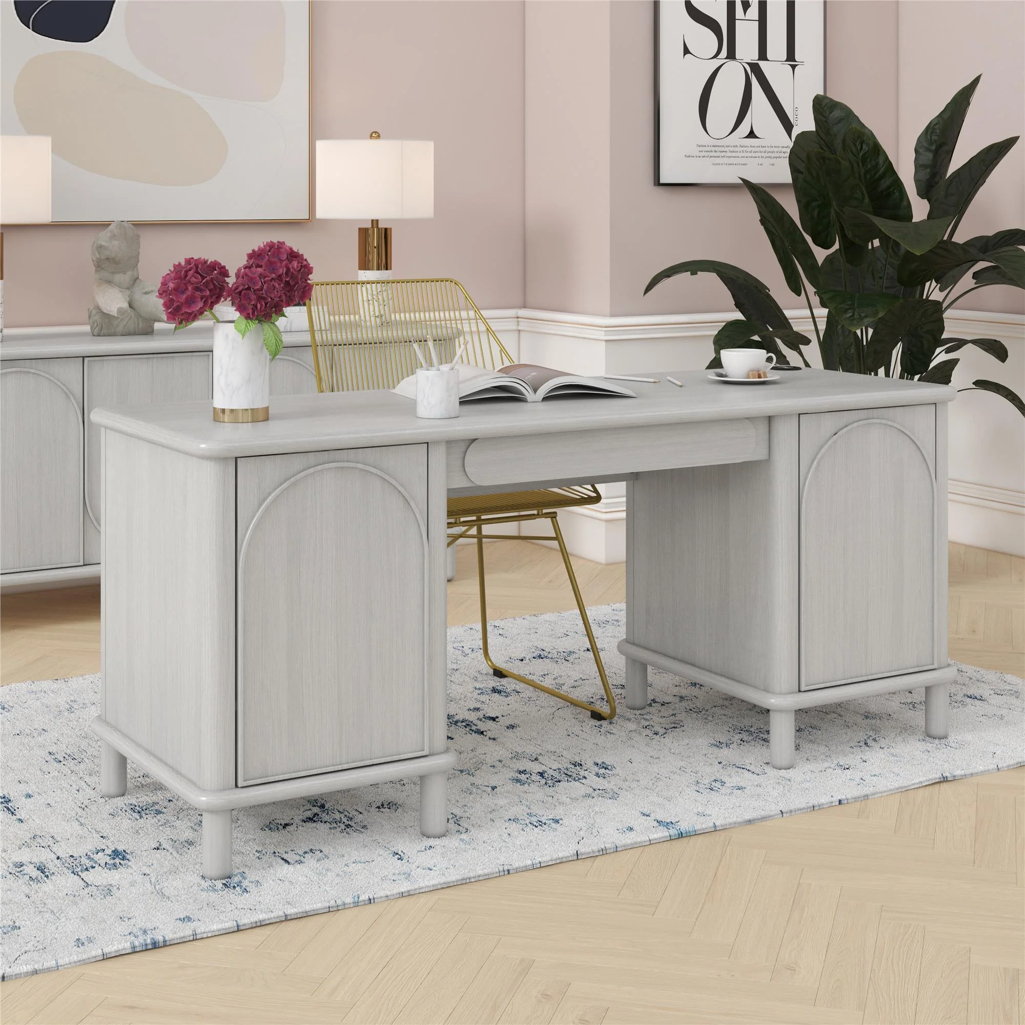 Selena - Double Pedestal Desk - Rustic White - Image 2