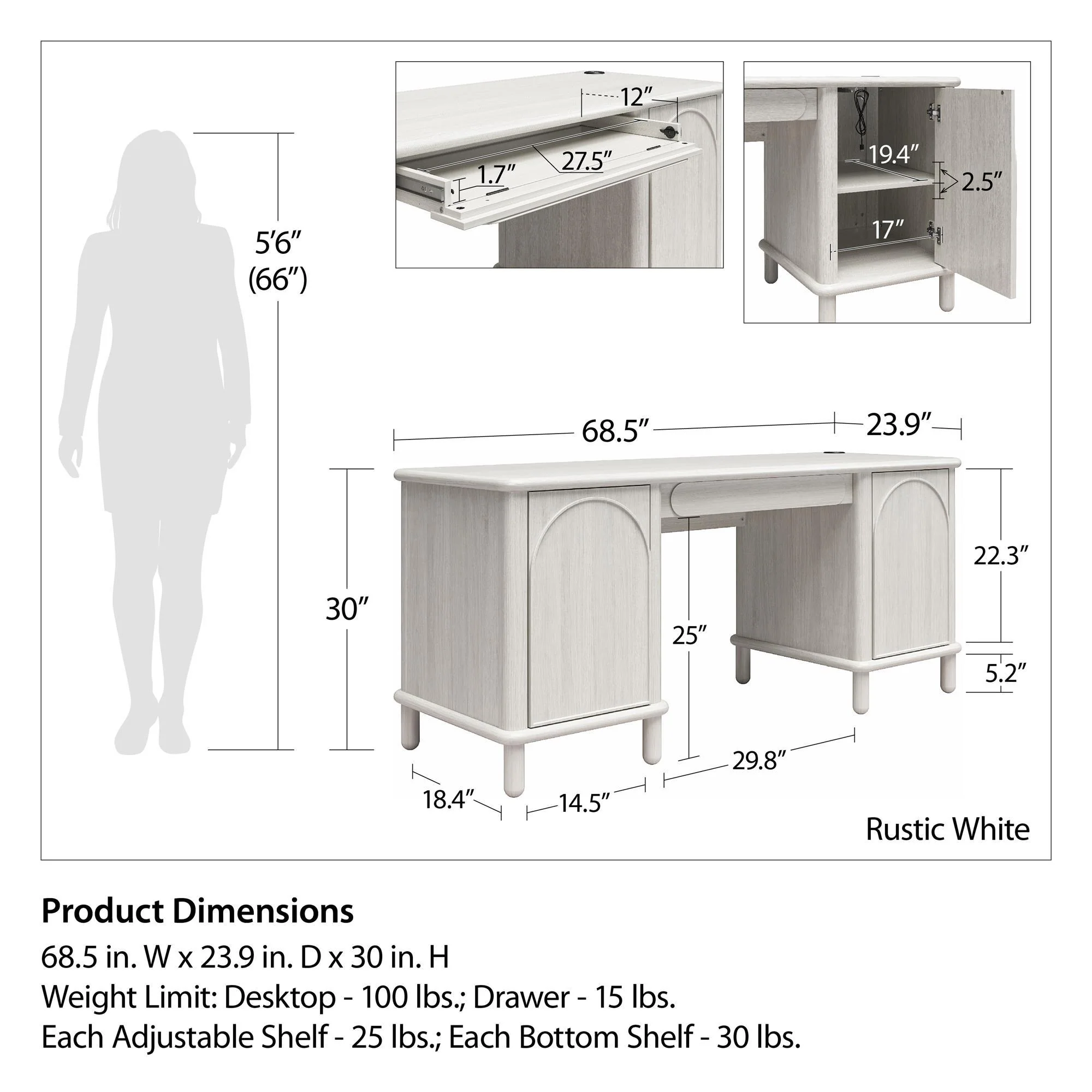 Selena - Double Pedestal Desk - Rustic White - Image 3