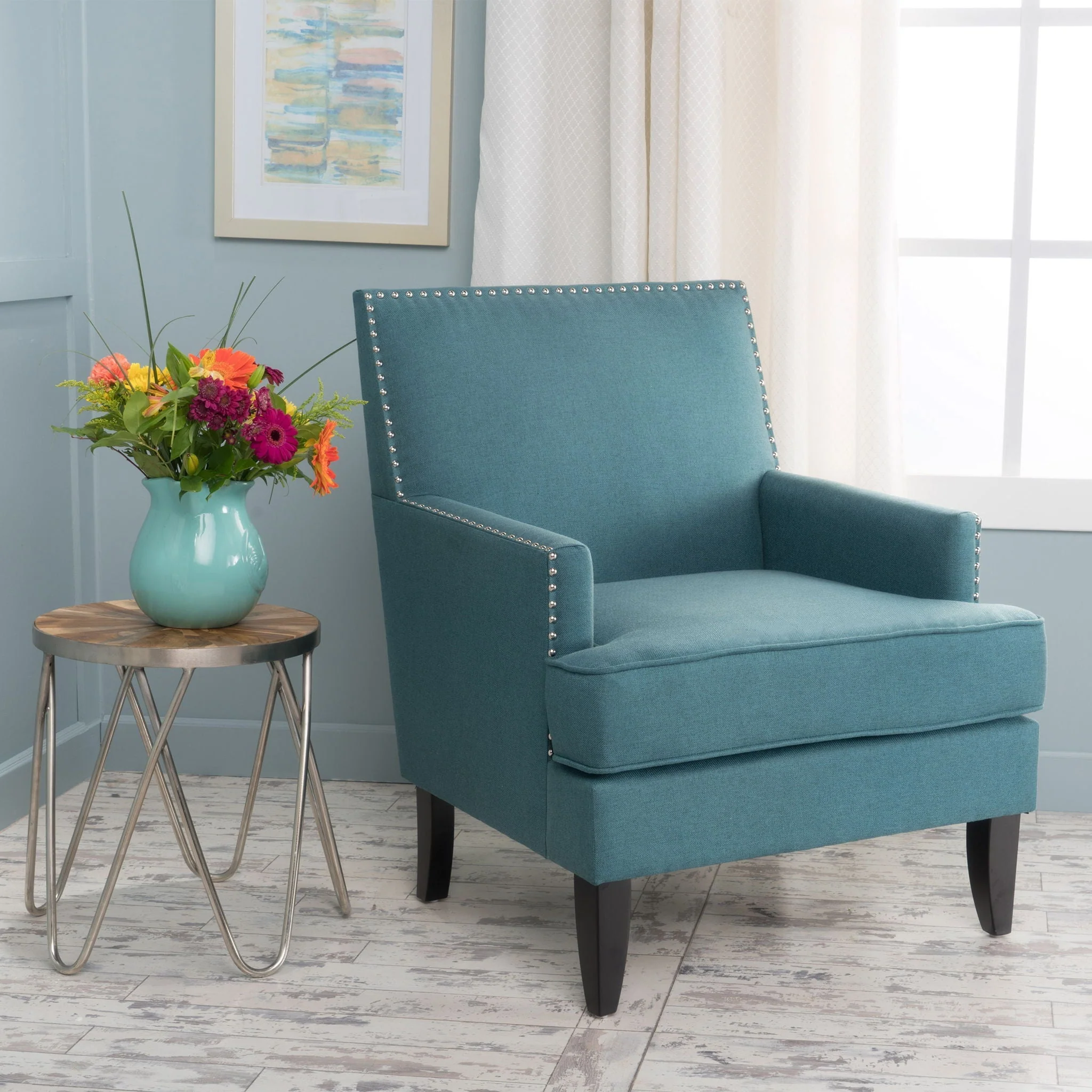 Serenada Upholstered Fabric Club Chair With Nailhead Trim And Tapered Birch Legs - Image 3