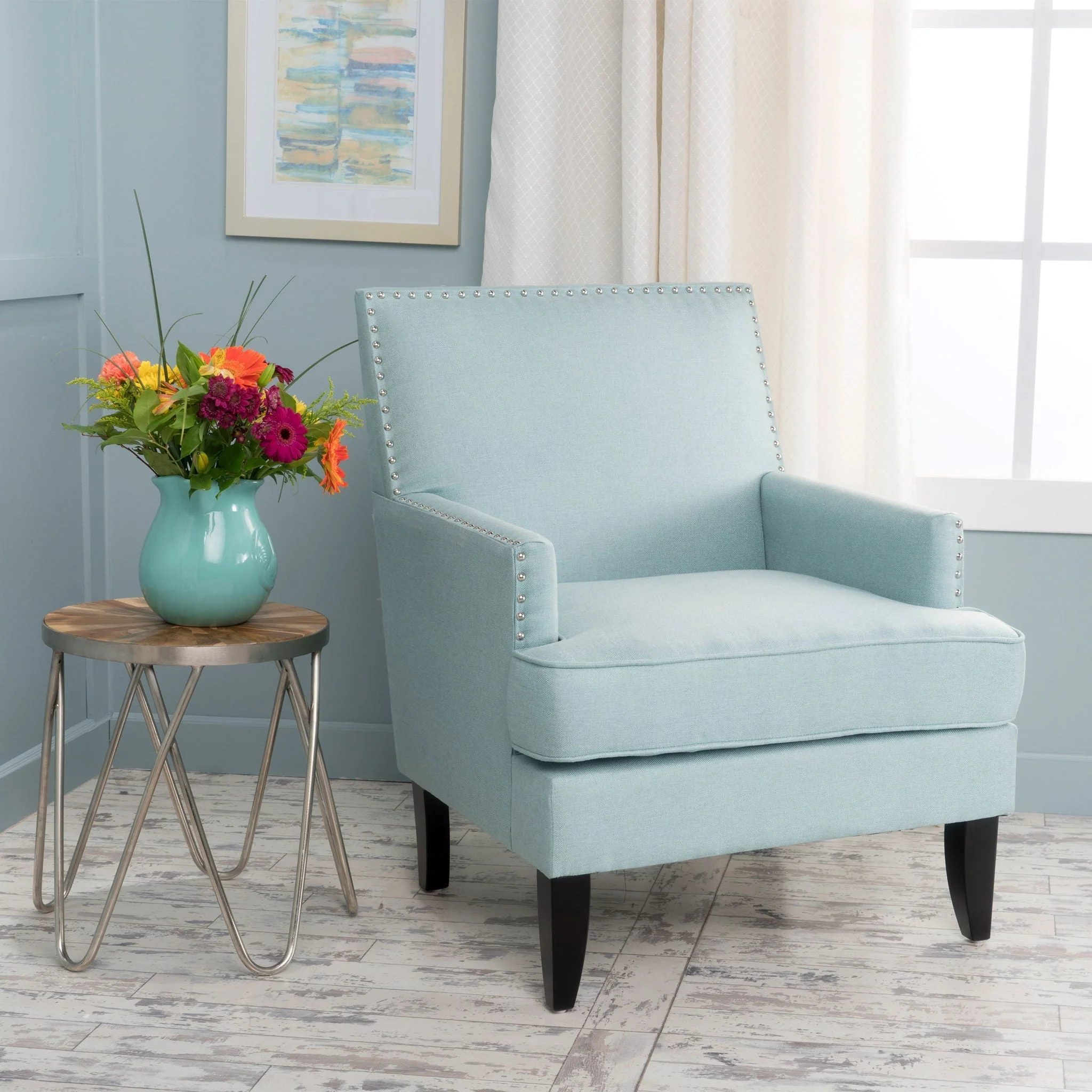 Serenada Upholstered Fabric Club Chair With Nailhead Trim And Tapered Birch Legs - Image 8