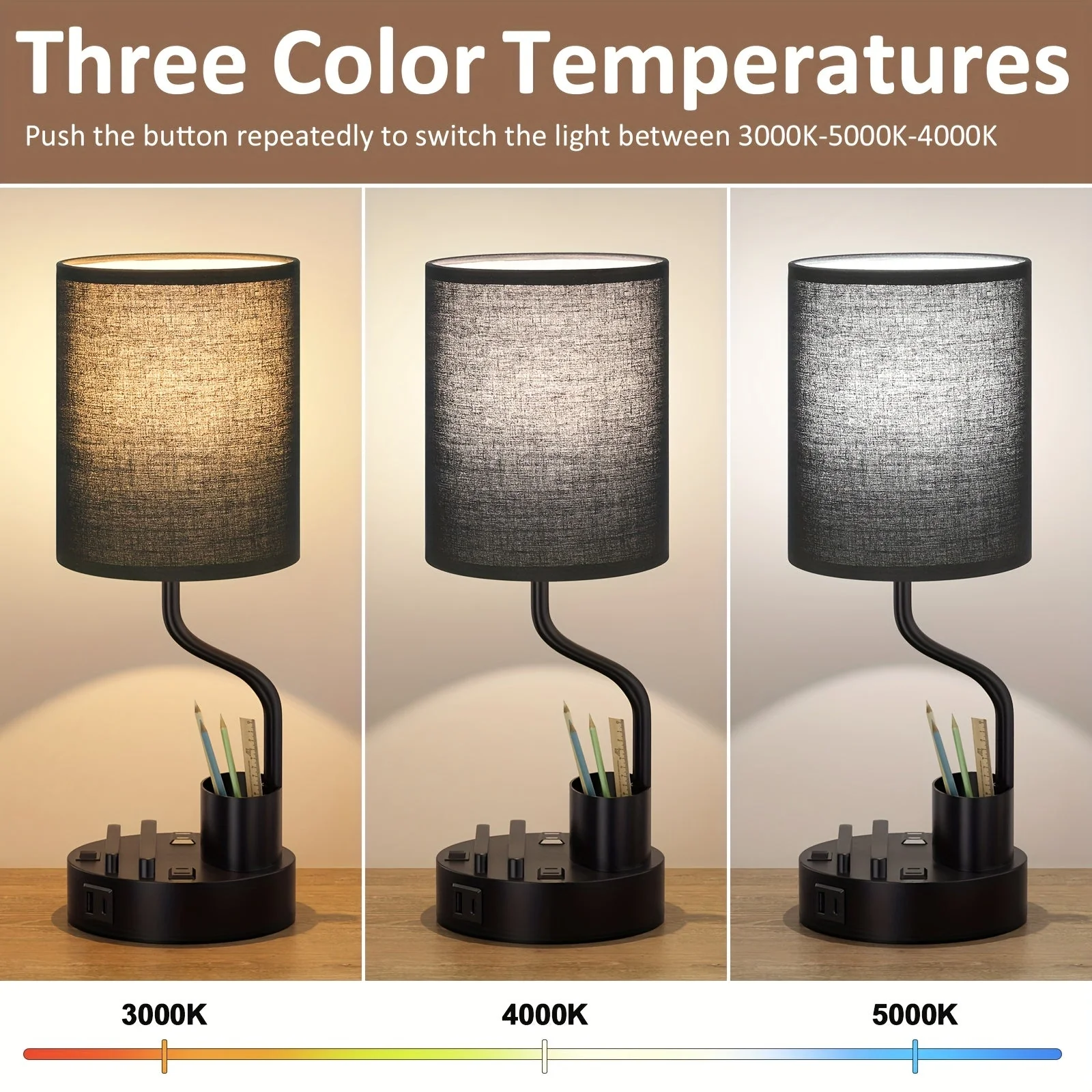 Set of 2 Bedside Lamps – USB-C+USB-A & Outlet, 3-Color Modern Nightstand Lights - Image 2
