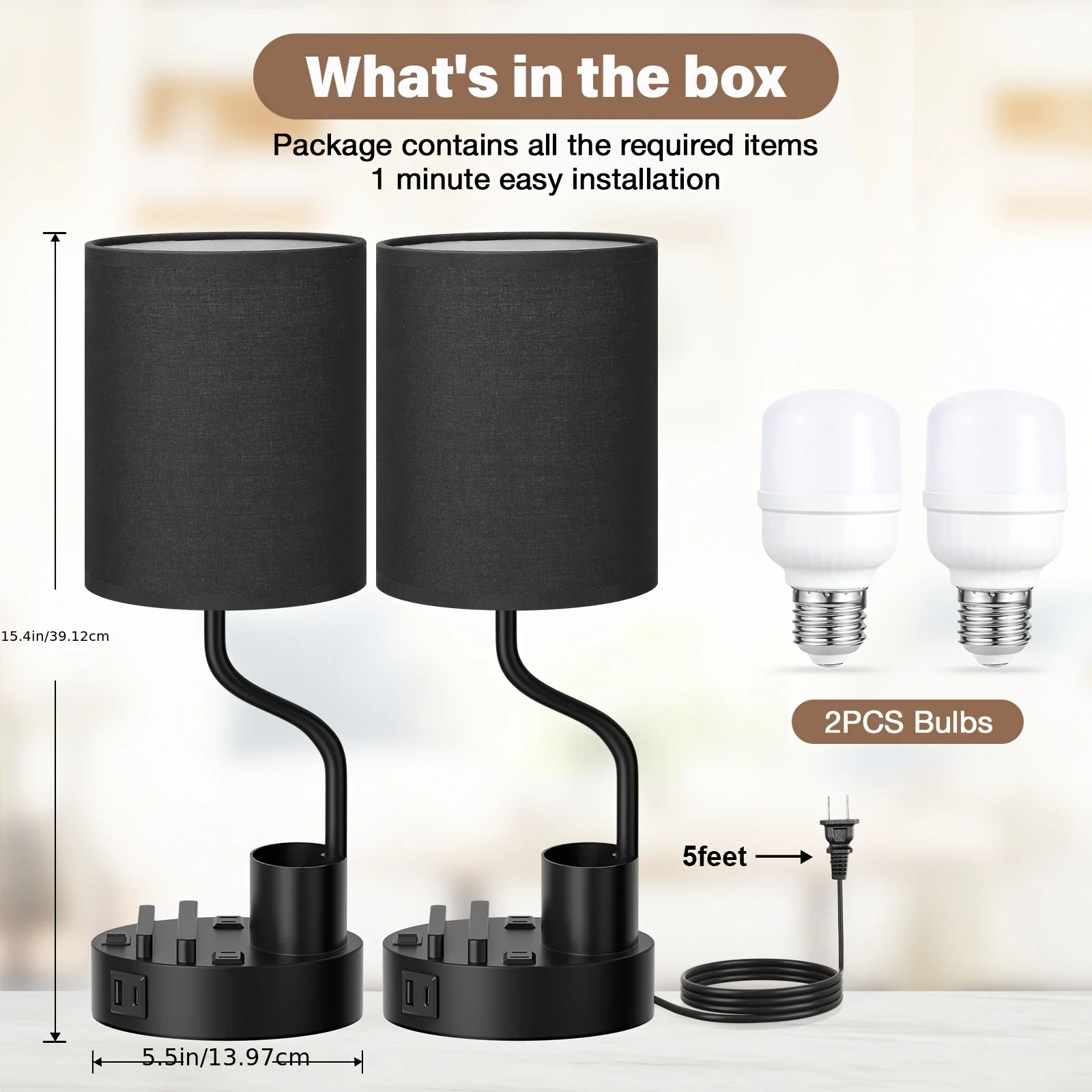 Set of 2 Bedside Lamps – USB-C+USB-A & Outlet, 3-Color Modern Nightstand Lights - Image 3