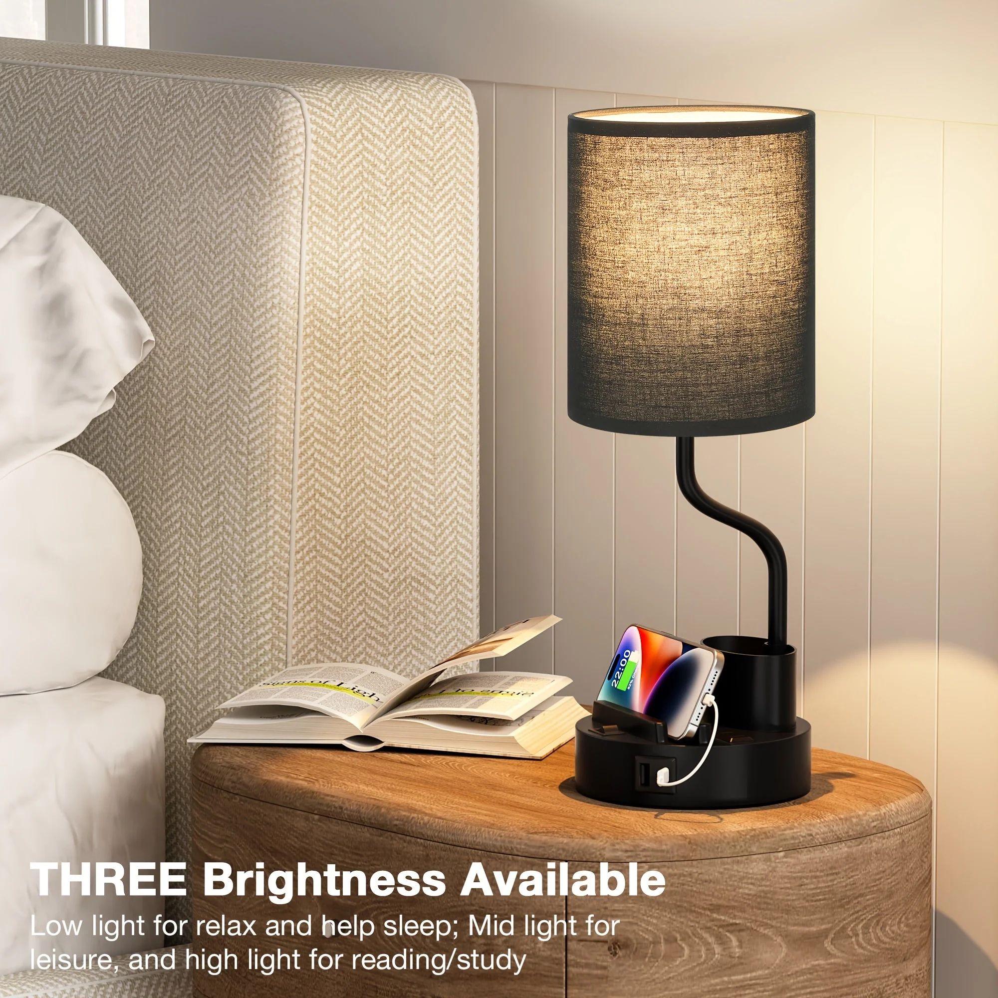 Set of 2 Bedside Lamps – USB-C+USB-A & Outlet, 3-Color Modern Nightstand Lights - Image 4