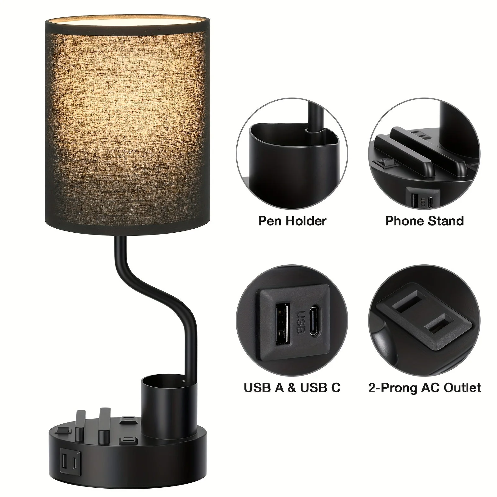Set of 2 Bedside Lamps – USB-C+USB-A & Outlet, 3-Color Modern Nightstand Lights - Image 5