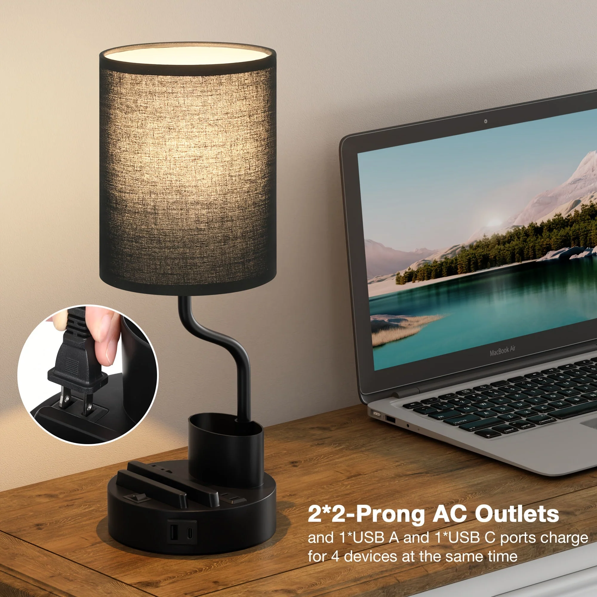Set of 2 Bedside Lamps – USB-C+USB-A & Outlet, 3-Color Modern Nightstand Lights - Image 7