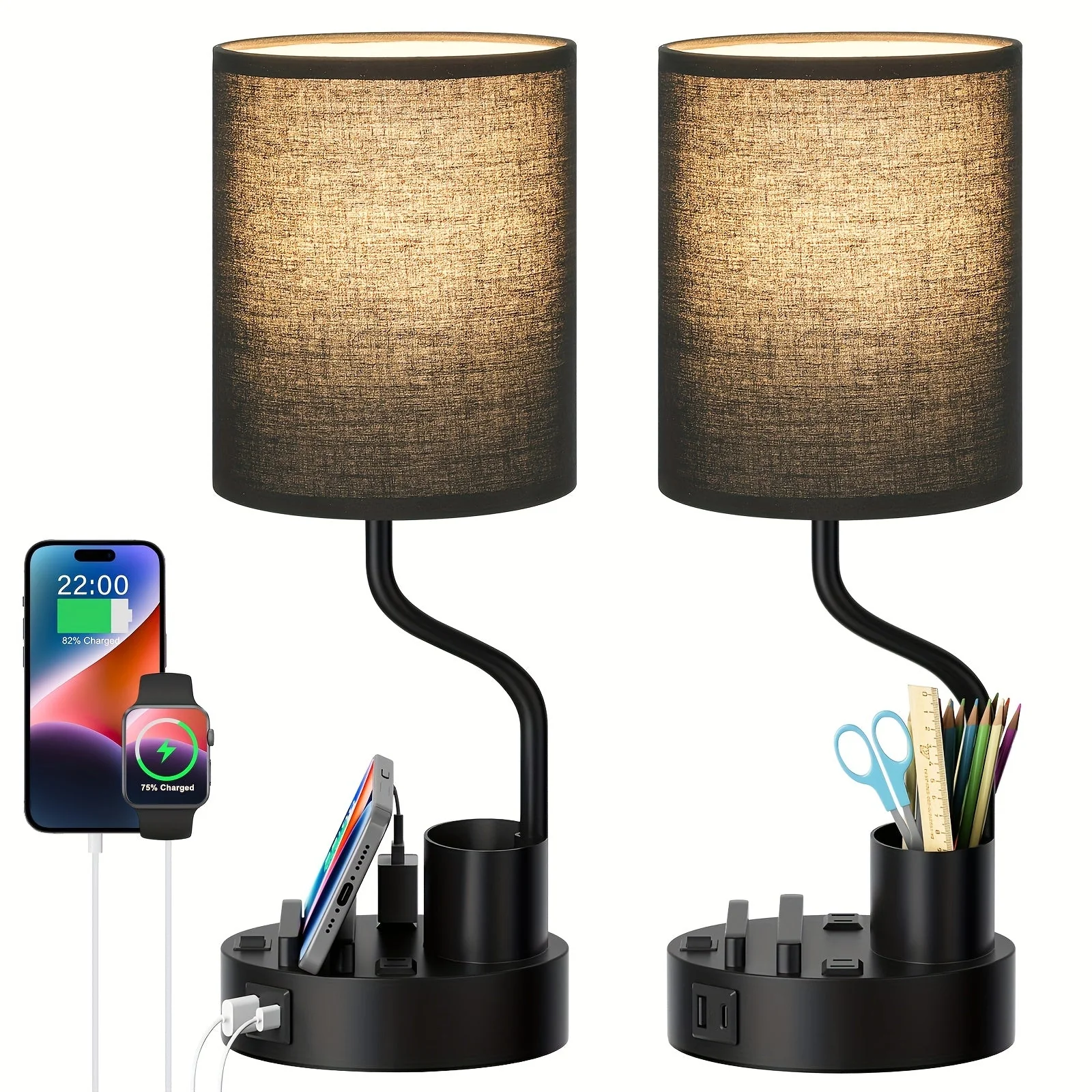 Set of 2 Bedside Lamps – USB-C+USB-A & Outlet, 3-Color Modern Nightstand Lights - Image 8