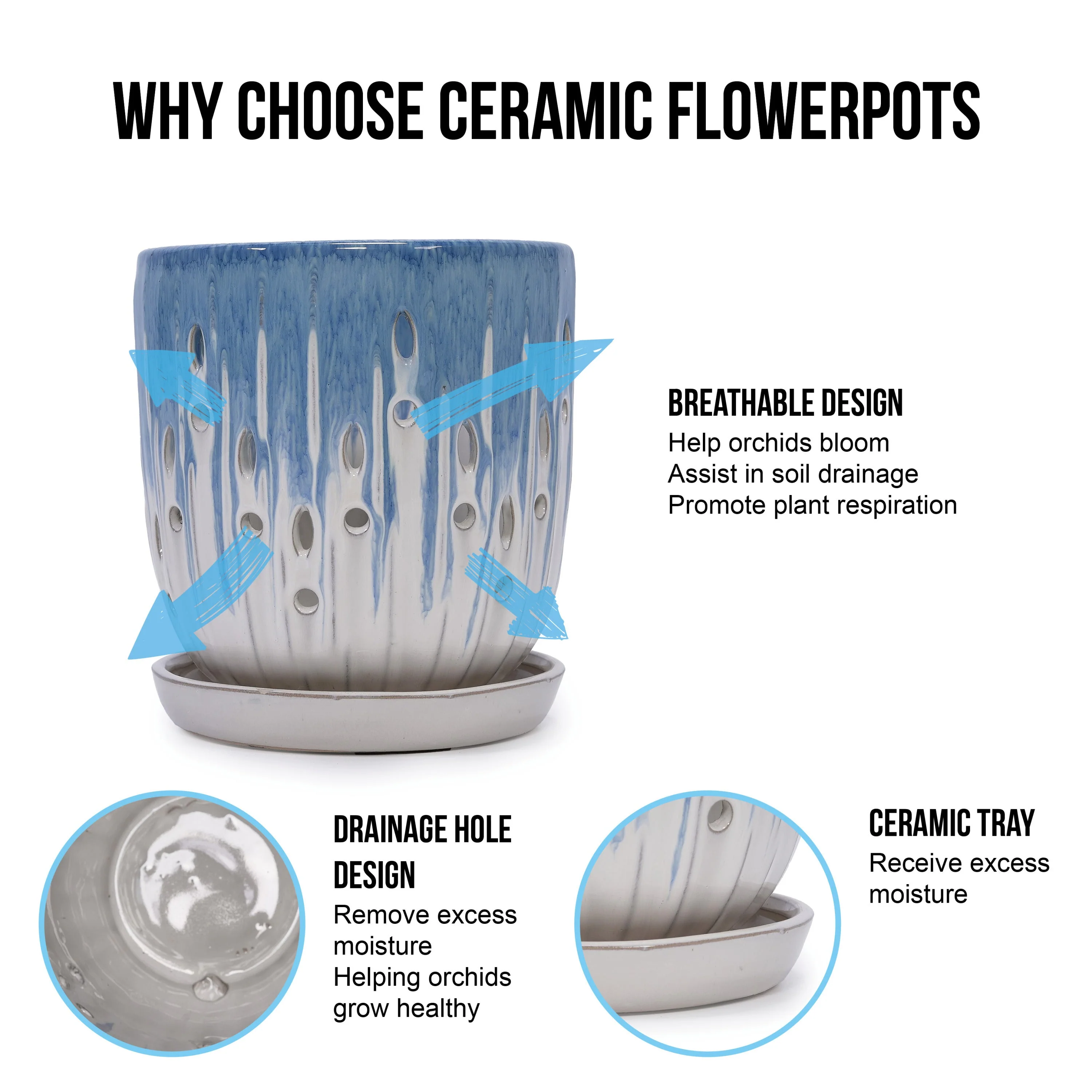 Set of 2 Ceramic Flowerpot with Drainage Hole, 8' Modern Planter for Patio, Garden, Windowsill - White Blue - Image 13