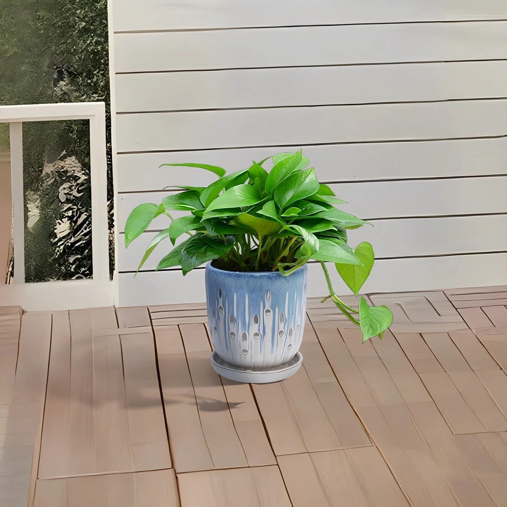 Set of 2 Ceramic Flowerpot with Drainage Hole, 8' Modern Planter for Patio, Garden, Windowsill - White Blue - Image 2